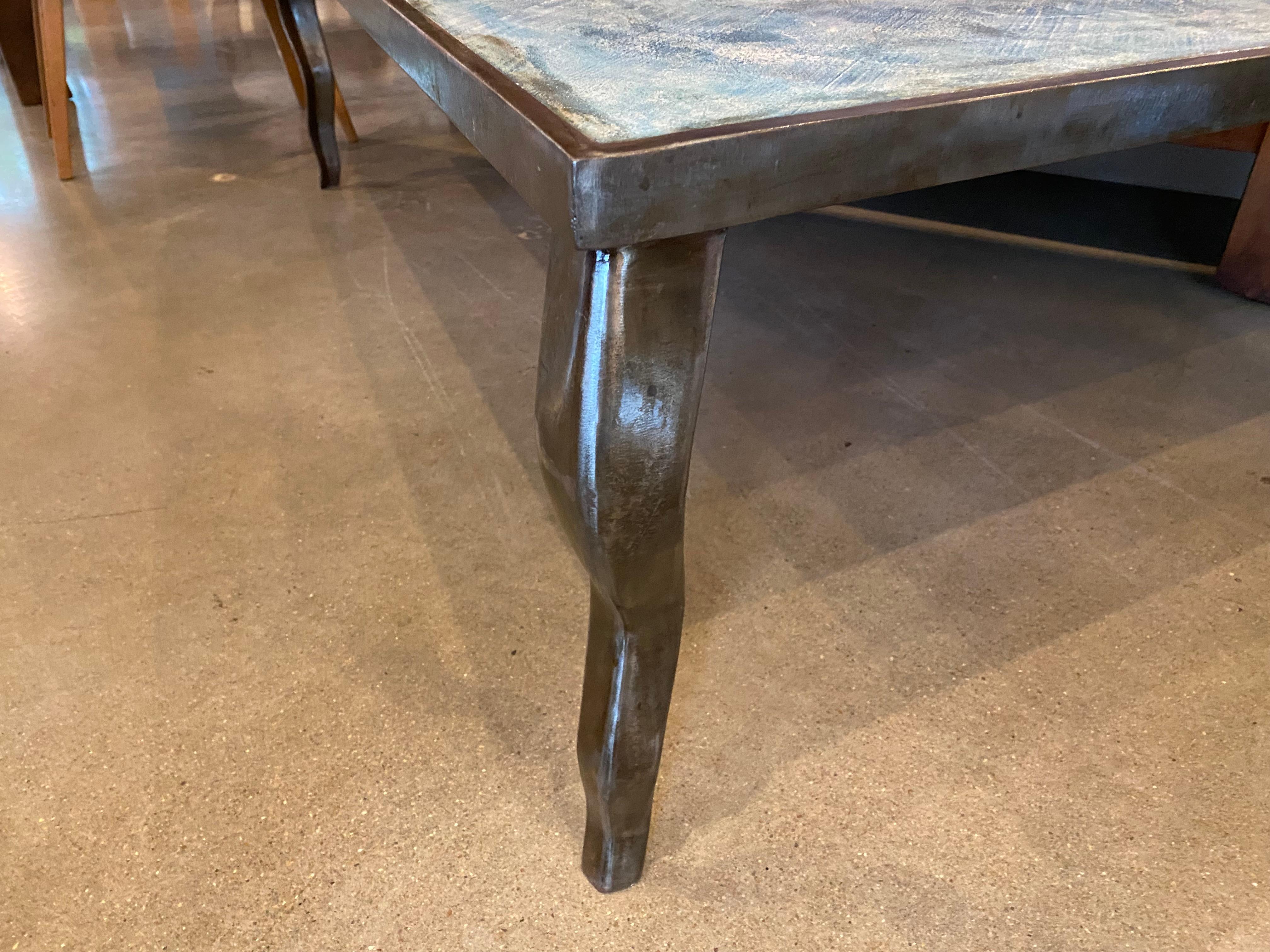 Steel / Bronze and Aqua Blue Triangle Cocktail Table, 1980's In Good Condition In Austin, TX
