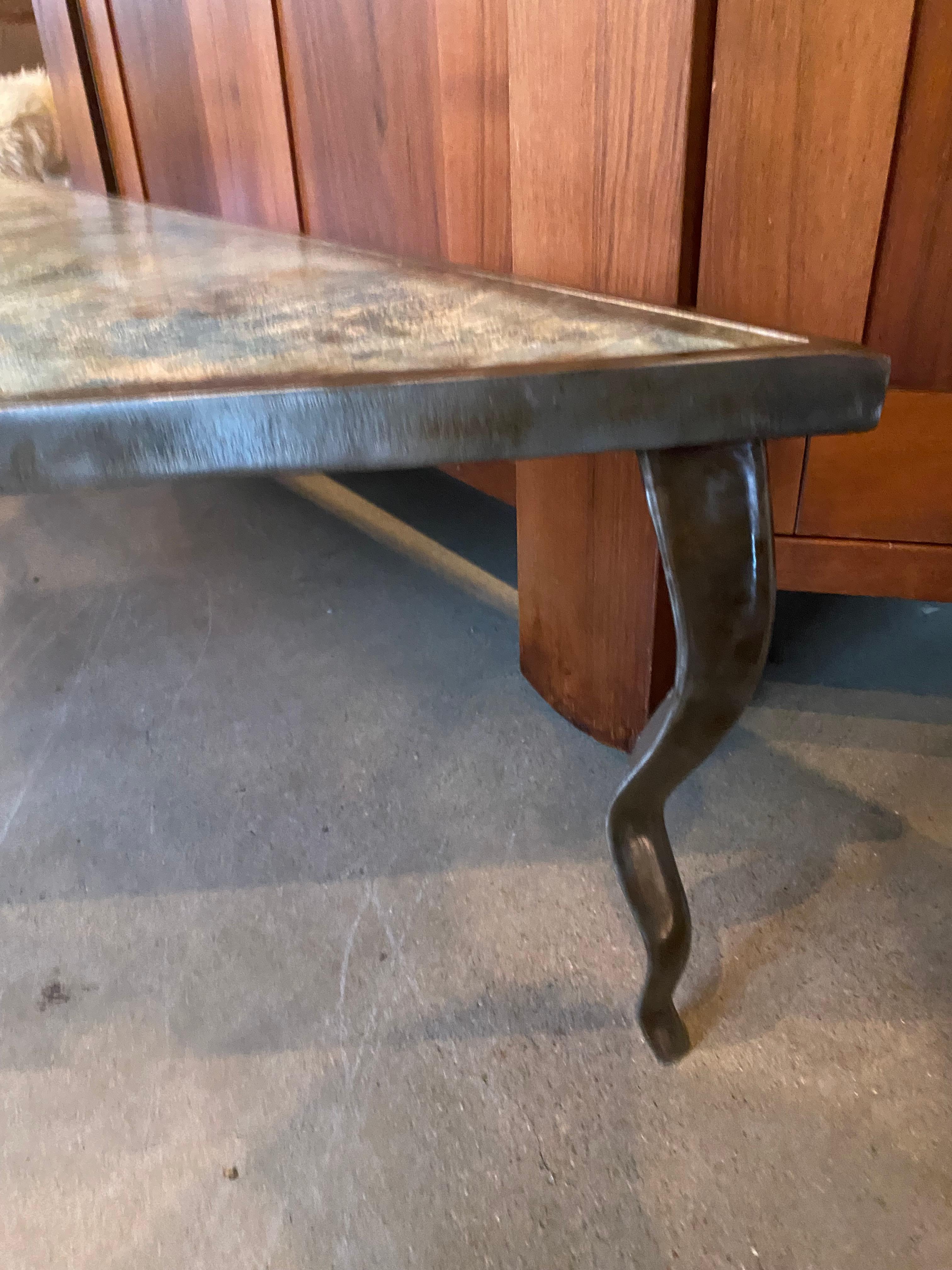 Steel / Bronze and Aqua Blue Triangle Cocktail Table, 1980's 1