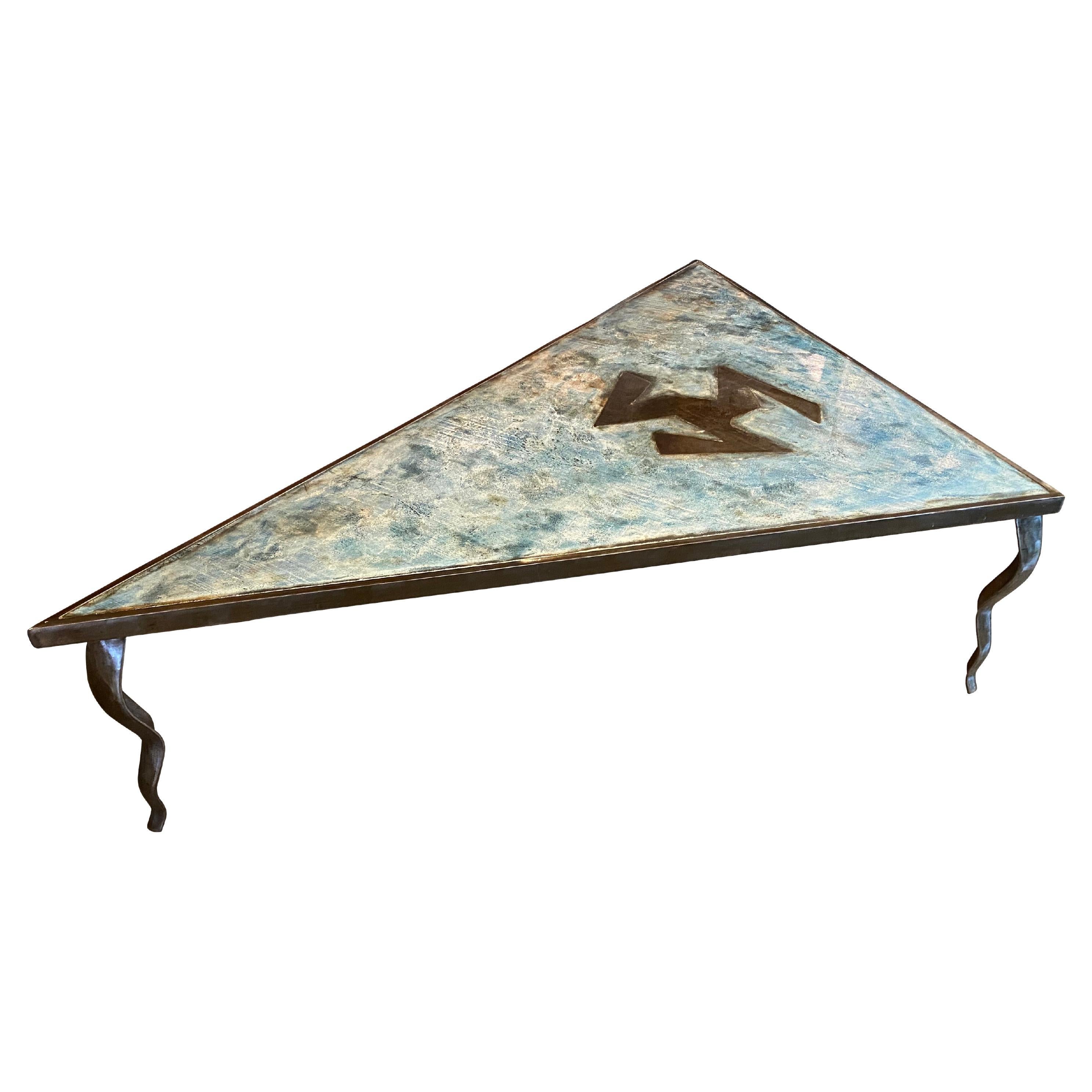 Steel / Bronze and Aqua Blue Triangle Cocktail Table, 1980's