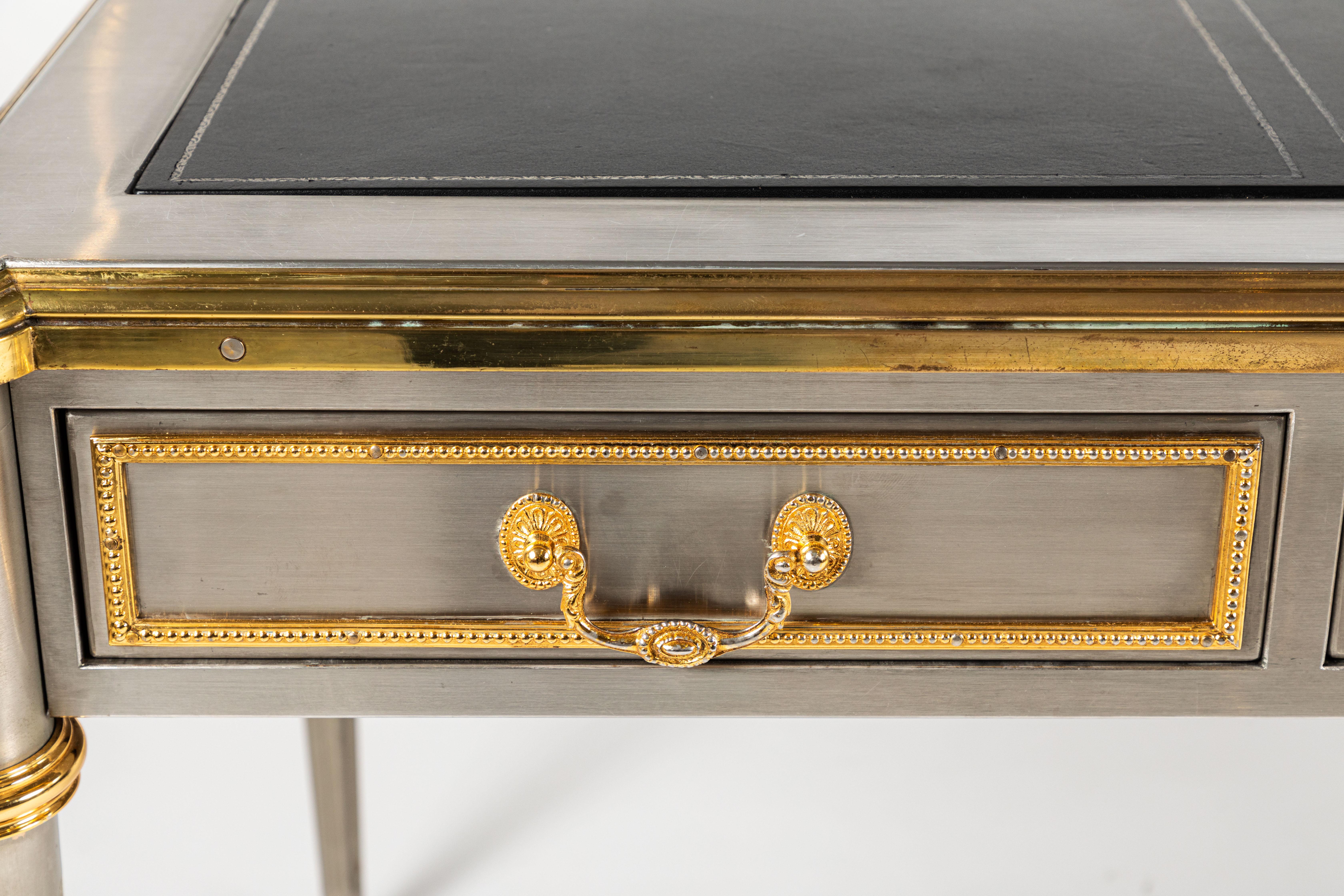 Brushed Steel and Bronze Dore Writing Desk with Leather Top by John Vesey