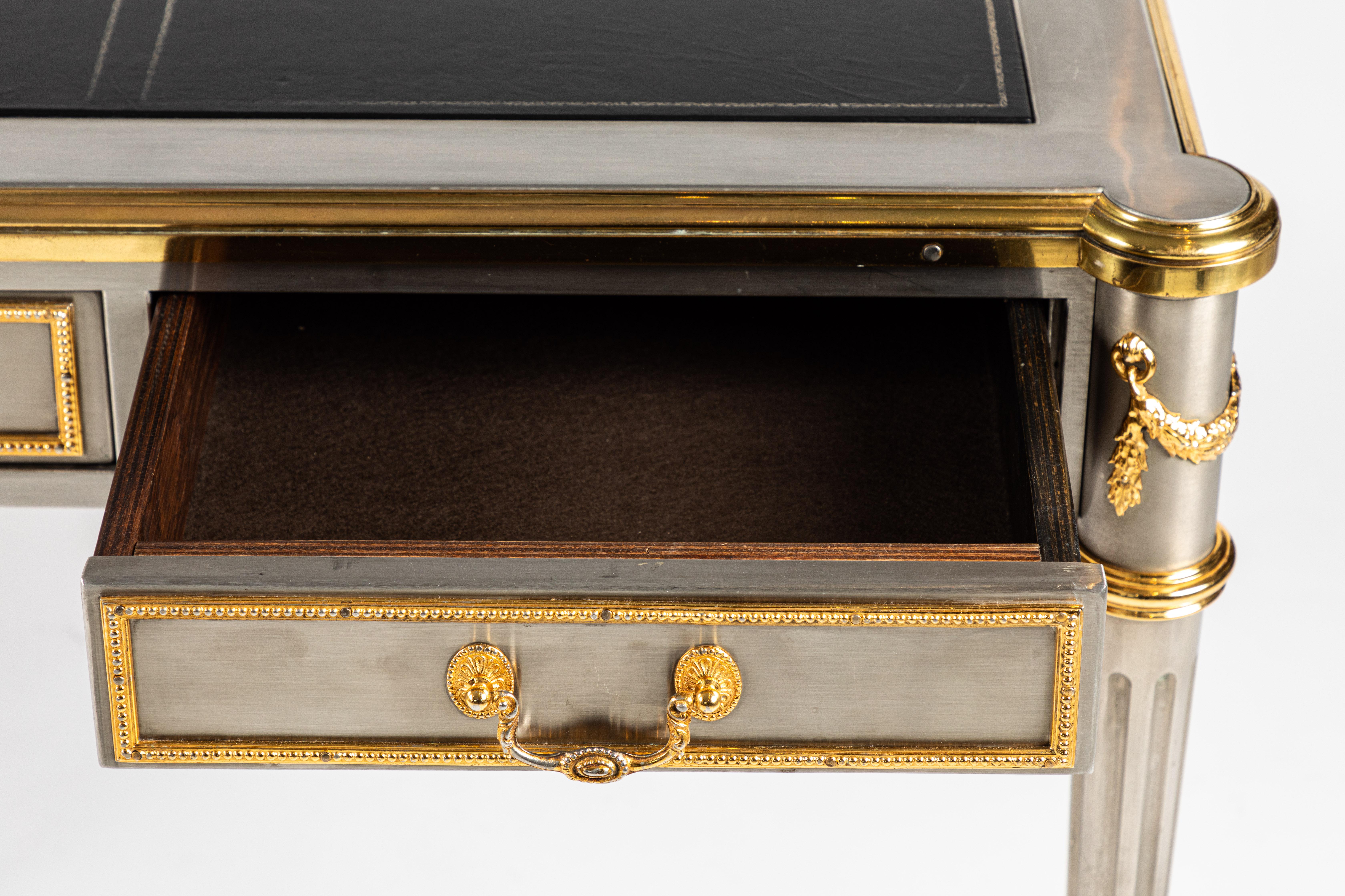 Mid-20th Century Steel and Bronze Dore Writing Desk with Leather Top by John Vesey