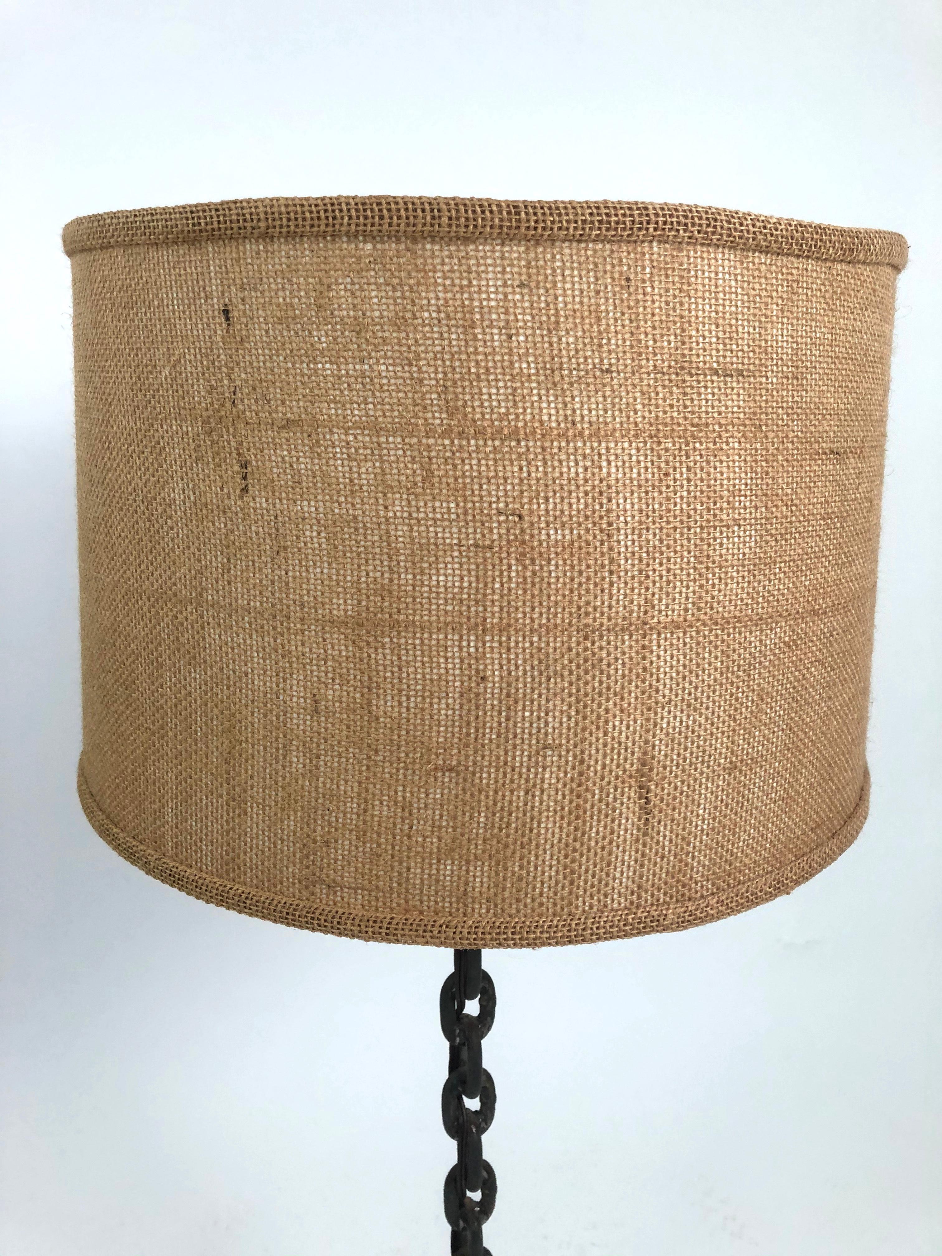 Steel Chain Link Lamp with Burlap Shade In Good Condition In Essex, MA