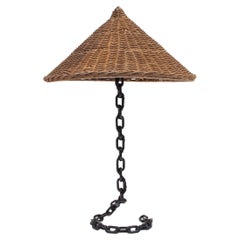 Steel Chain & Wicker Table Lamp, 1970s, France