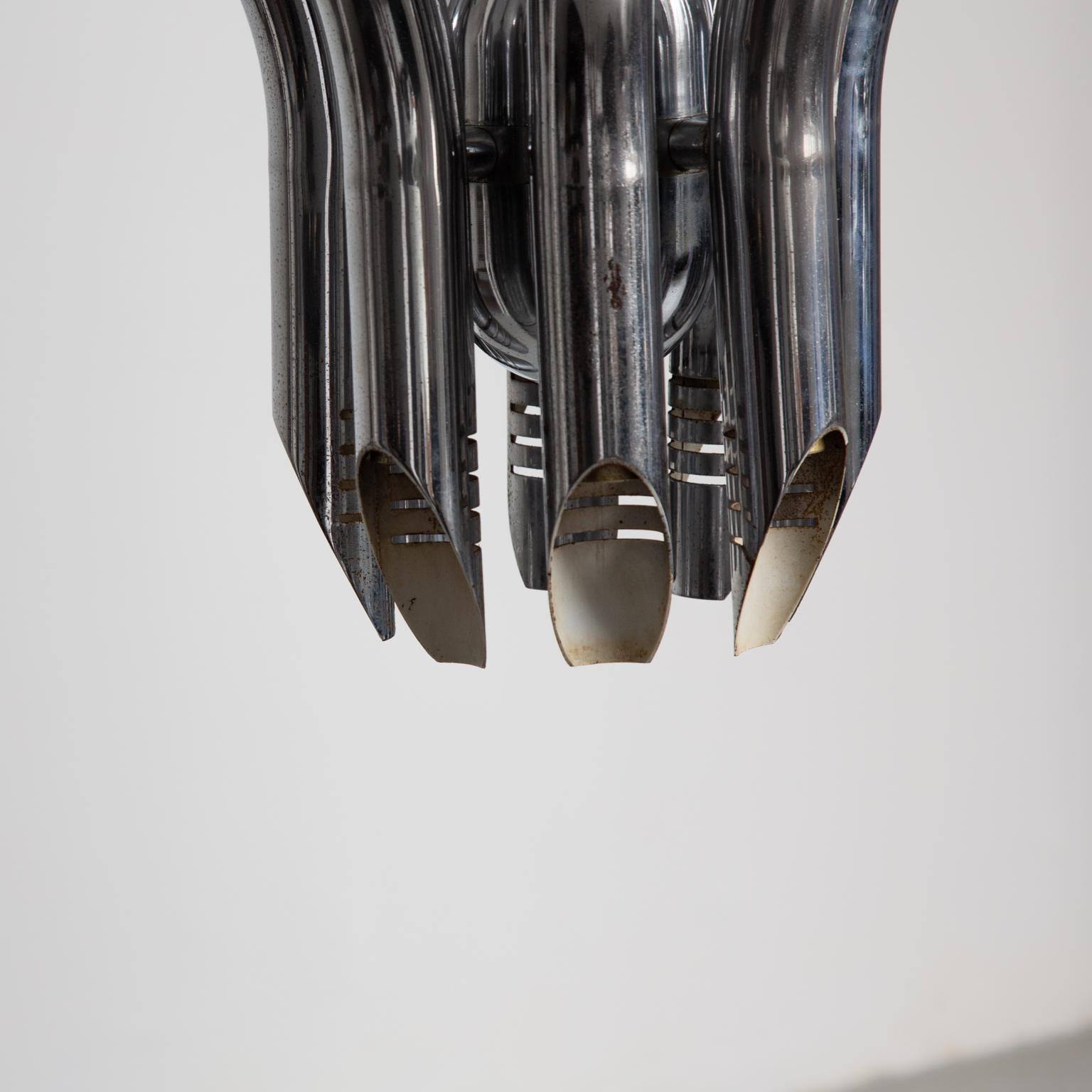 Modern Vintage Chromed Steel Pipes Pendant Chandelier, Contemporary Industrial Style For Sale