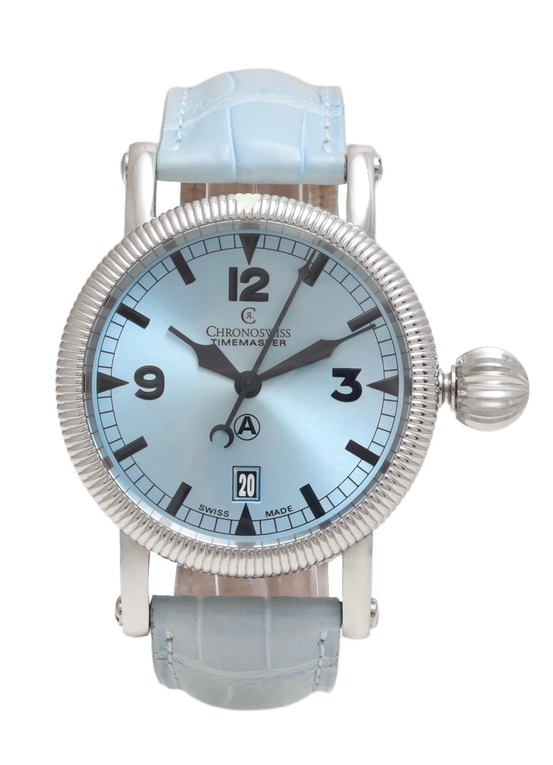 Steel Chronoswiss Timemaster Automatic Wrist Watch Like New in Box with all papers.

Movement: Automatic Calibre 2892 A2

Functions: hours, minutes seconds and date

Case: Stainless steel, diameter 40 mm, 100 m/330Ft waterproof 

Dial: Blue dial,