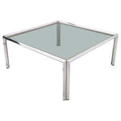 Steel Coffee Table Ascribable to Romeo Rega with a Square Smoked Glass Top