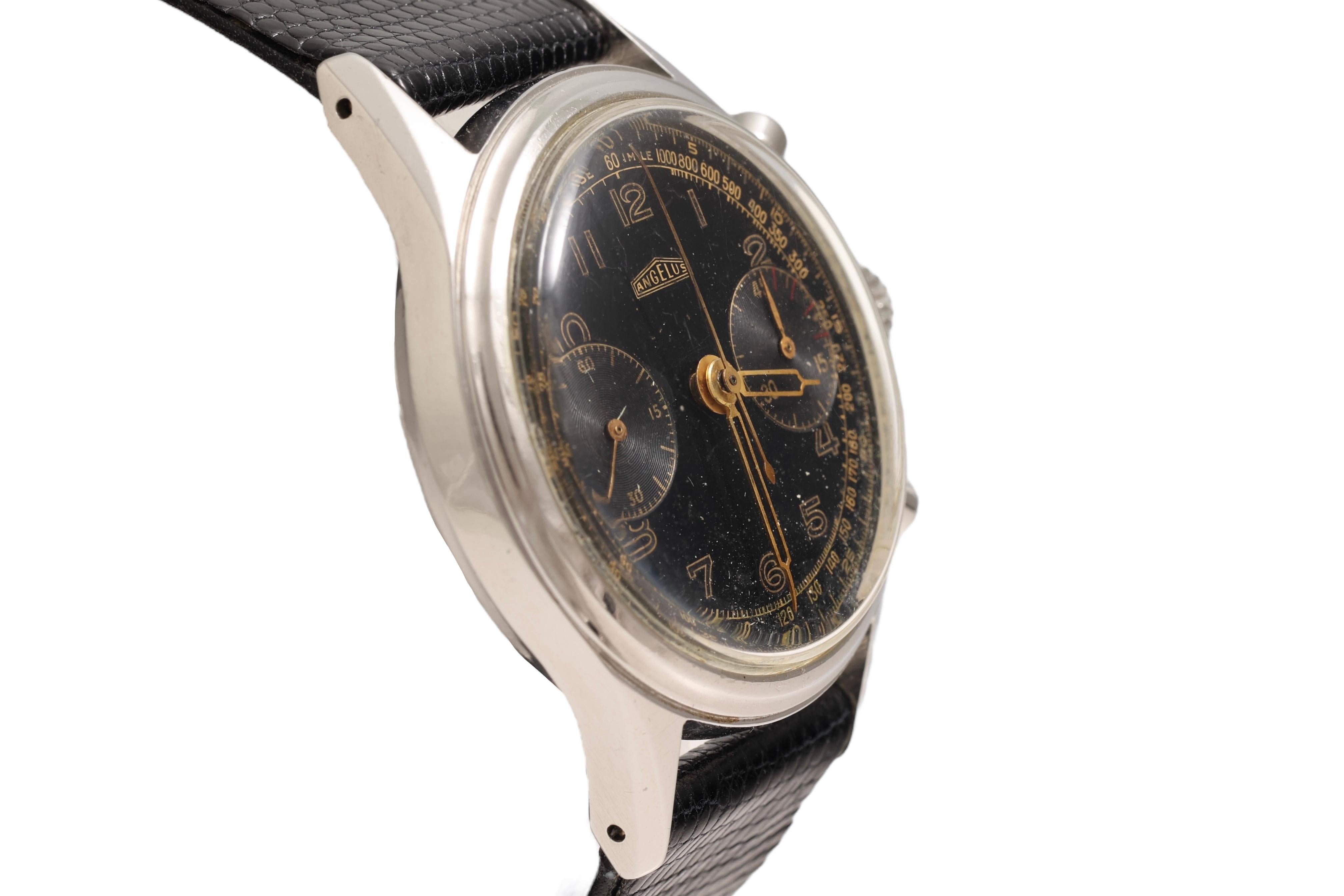 Artisan Steel Collectors Angelus Jumbo Chronograph Wrist Watch Gilt Dial For Sale