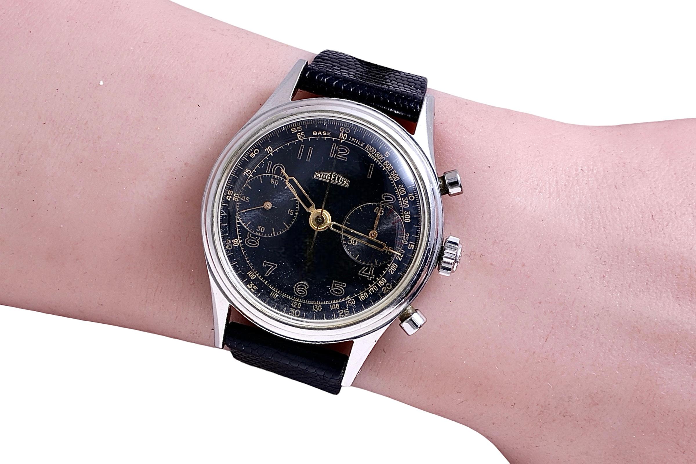 Steel Collectors Angelus Jumbo Chronograph Wrist Watch Gilt Dial For Sale 6