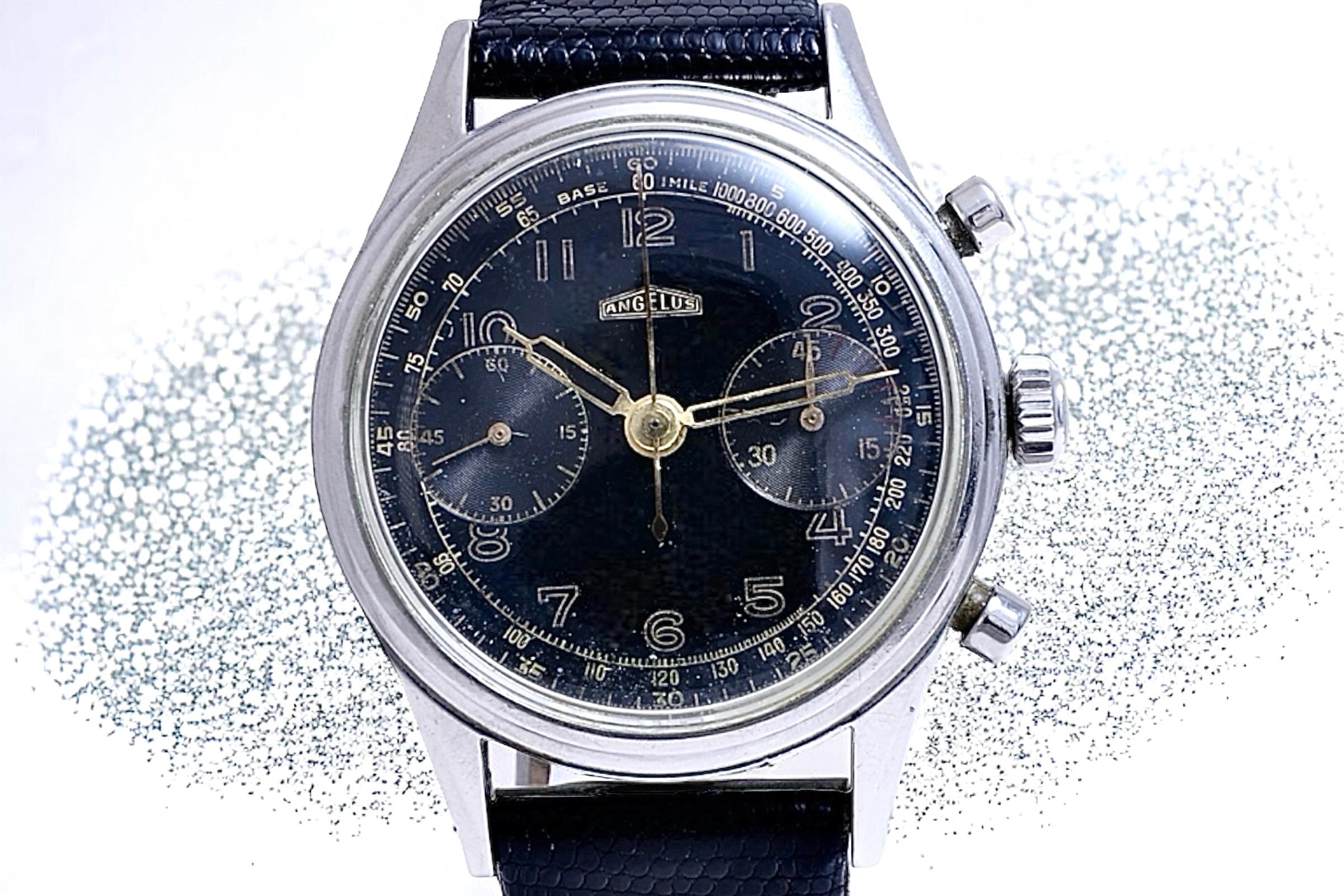 Steel Collectors Angelus Jumbo Chronograph Wrist Watch Gilt Dial For Sale 7