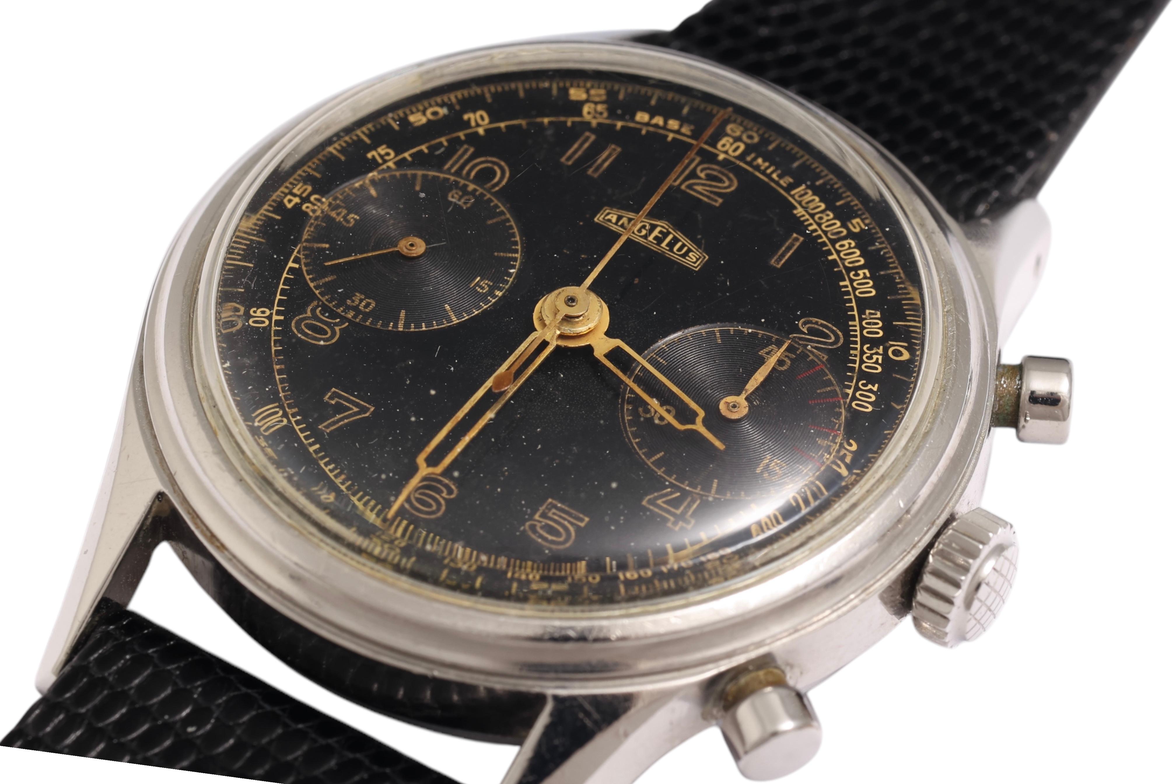 Women's or Men's Steel Collectors Angelus Jumbo Chronograph Wrist Watch Gilt Dial For Sale