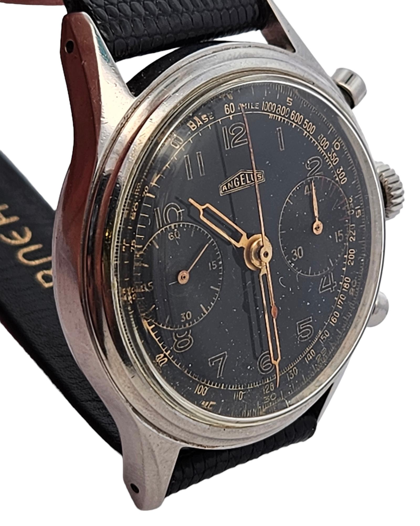 Angelus Chronograph Wrist Watch

Movement : Mechanical Manual Winding Angelus Caliber 215

Dial : Gilt Dial

Case : Stainless Steel 38.2 mm

Total Weight including strap : 54.5 Gram

Angelus Vintage Chronograph in stainless steel
Cal. 215 / Year of