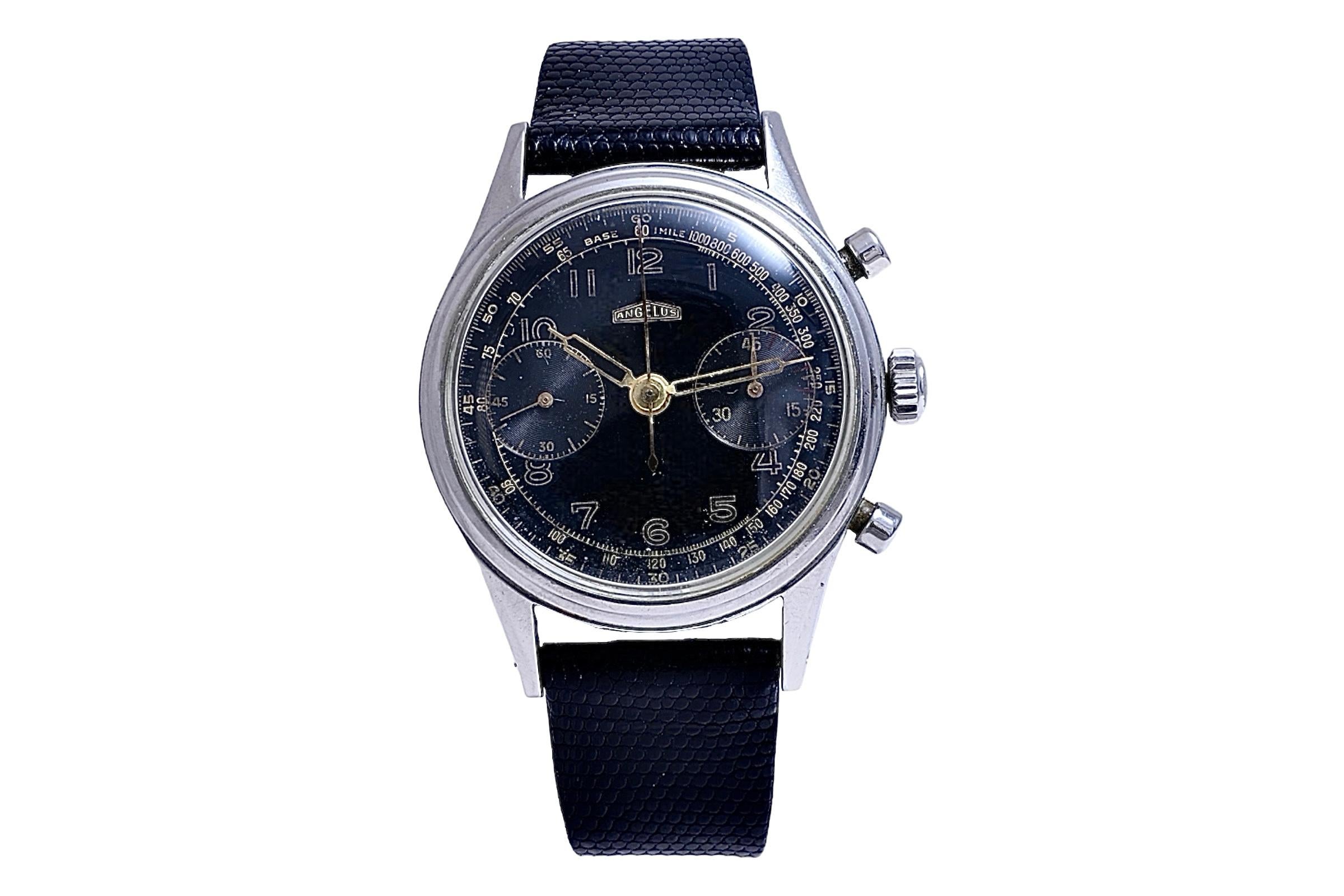 Artisan Steel Collectors Angelus Jumbo Chronograph Wrist Watch Gilt Dial For Sale