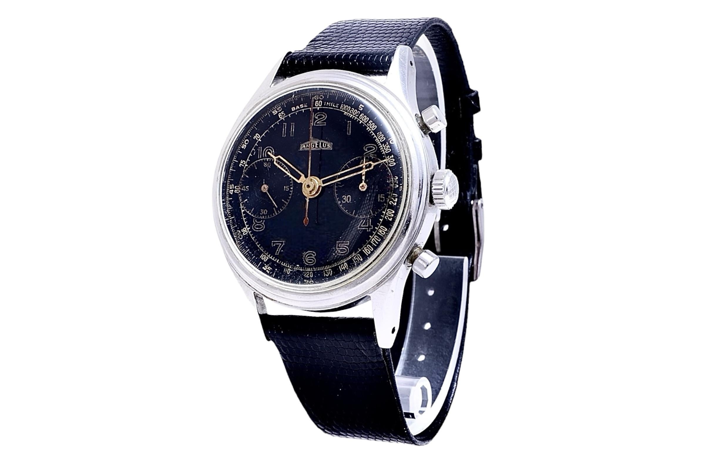Women's or Men's Steel Collectors Angelus Jumbo Chronograph Wrist Watch Gilt Dial For Sale