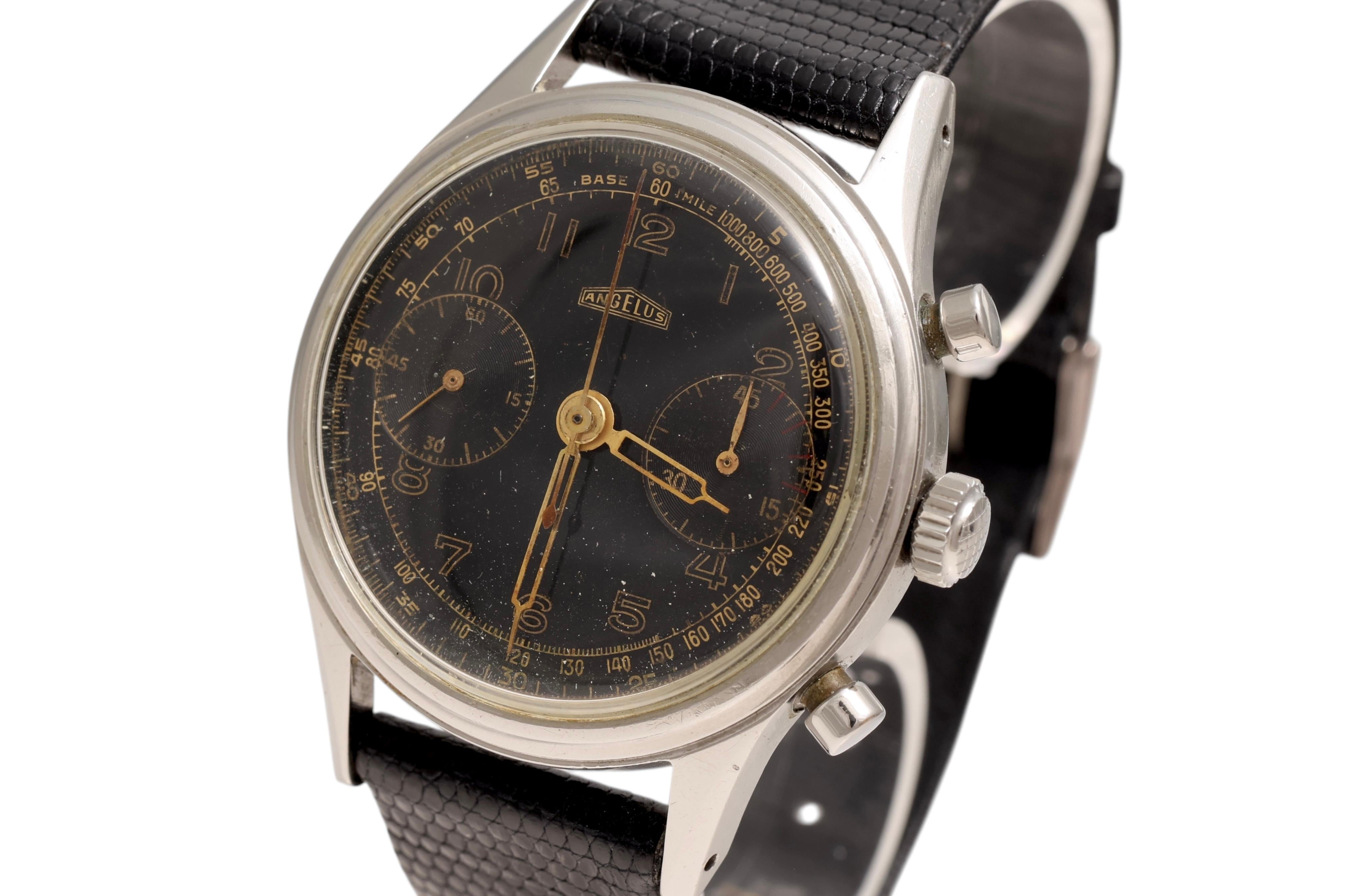 Angelus Chronograph Wrist Watch

Movement : Mechanical Manual Winding Angelus Caliber 215

Dial : Gilt Dial

Case : Stainless Steel 38.2 mm

Total Weight including strap : 54.5 Gram

Angelus Vintage Chronograph in stainless steel
Cal. 215 / Year of