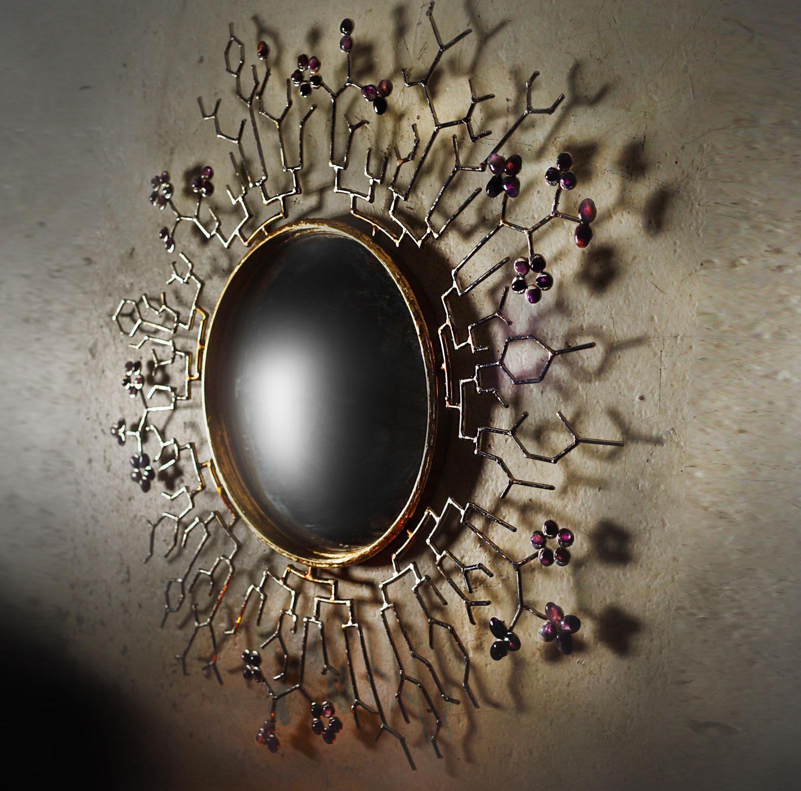 Mark Brazier-Jones, Naturmath mirror, 2021 nickel plated steel with gesso, gold leaf, amethysts stones and convex mirror, 110cm diameter. 

Mark Brazier-Jones (b.1956) is an internationally celebrated artist, master furniture and lighting