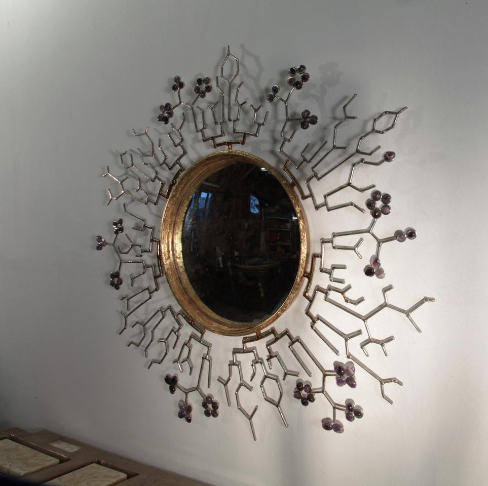 Plated Steel Convex Mirror with Amethyst Stones by Mark Brazier-Jones UK Contemporary