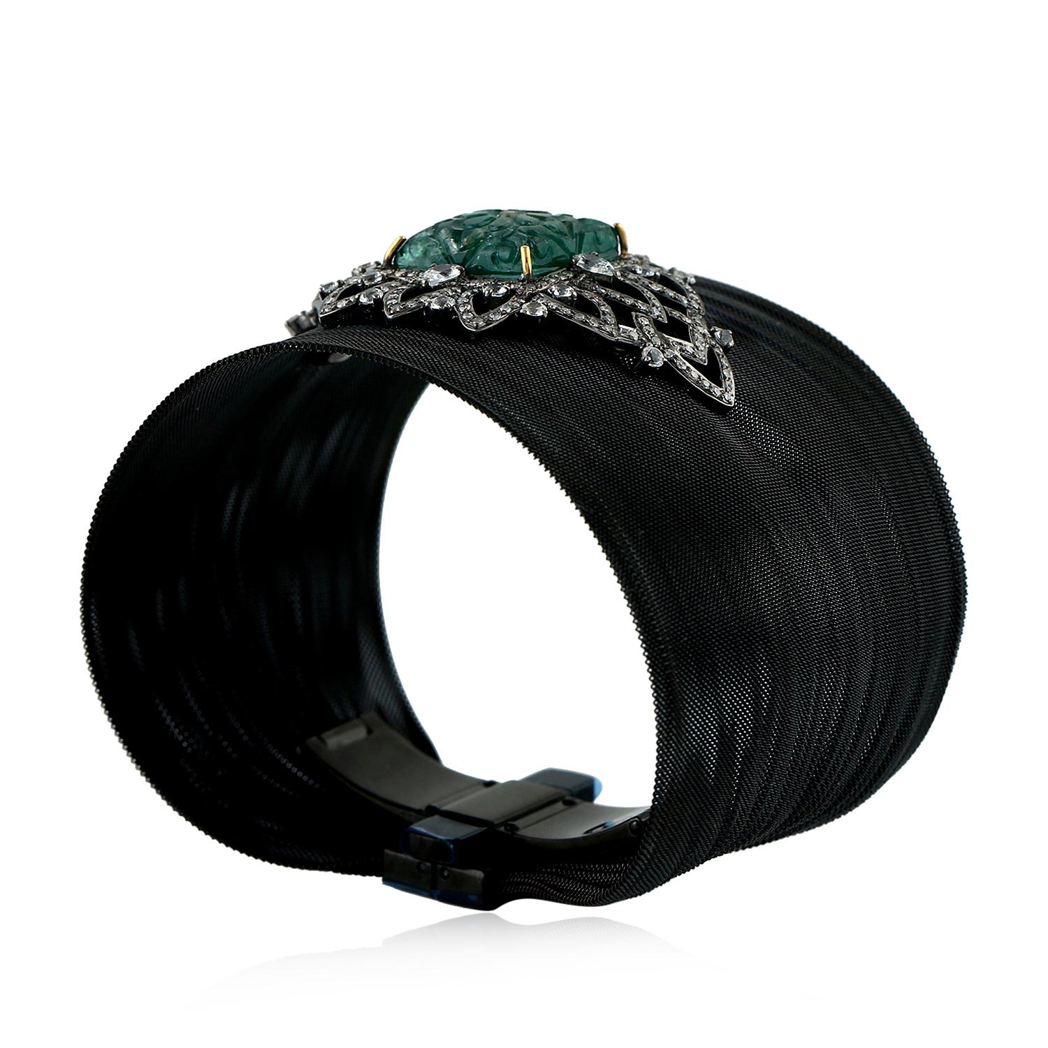 Mixed Cut Steel Cuff with Carved Emerald, Sapphire & Diamonds Made in 18k Gold & Silver For Sale
