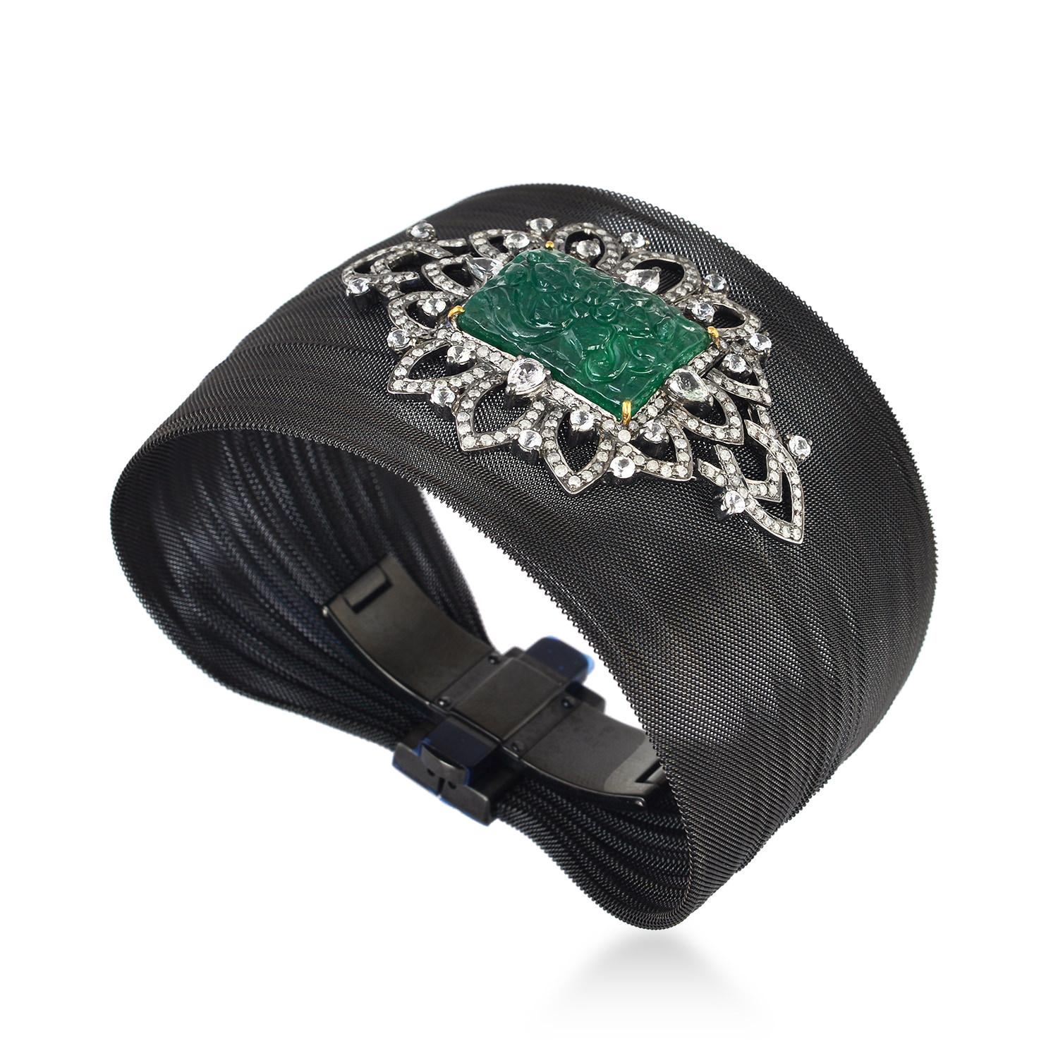 Steel Cuff with Carved Emerald, Sapphire & Diamonds Made in 18k Gold & Silver In New Condition For Sale In New York, NY