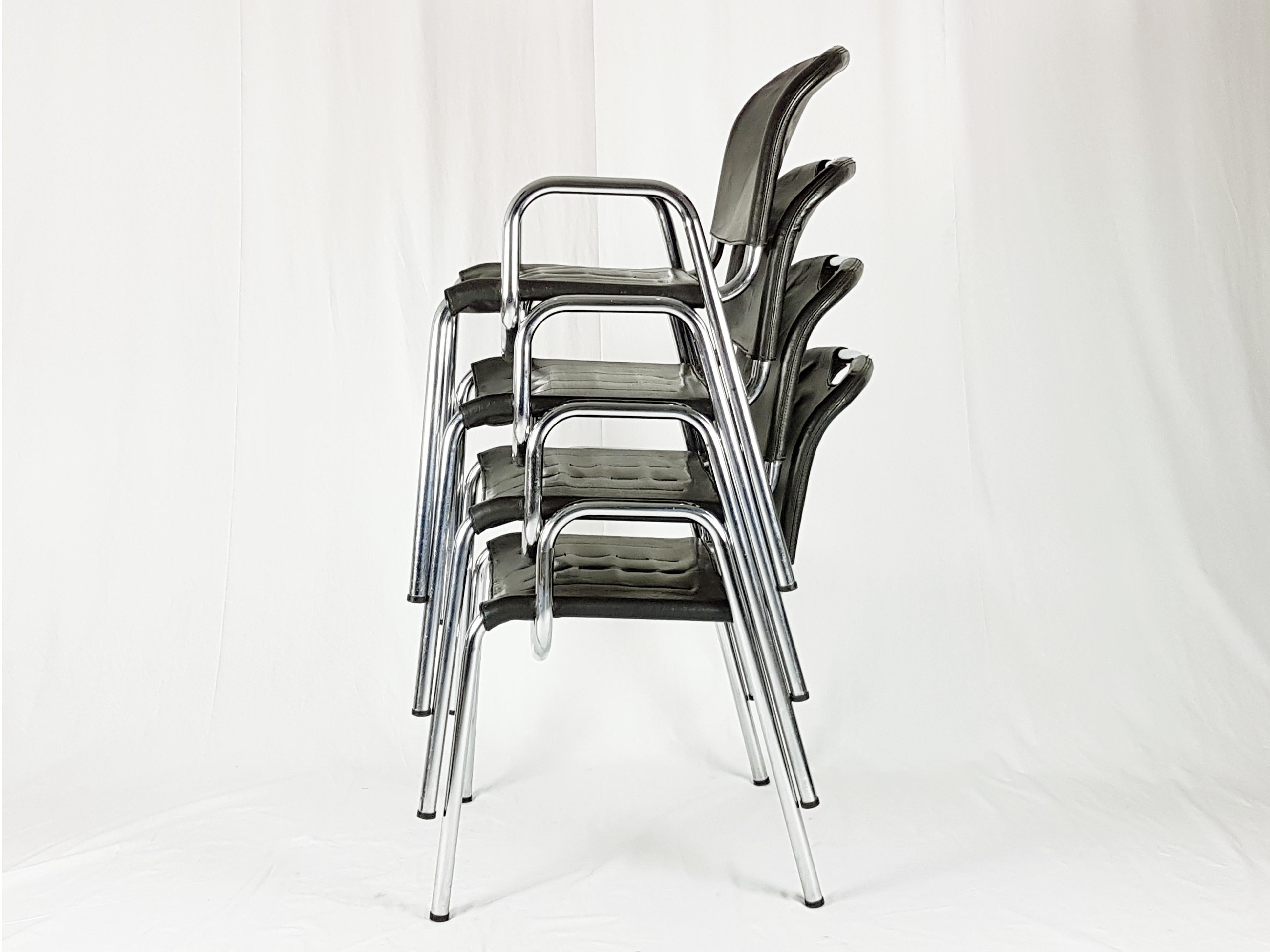 Metal, Brown Leather Castiglietta Chairs by A. Castiglioni for Zanotta, Set of 4 For Sale 4