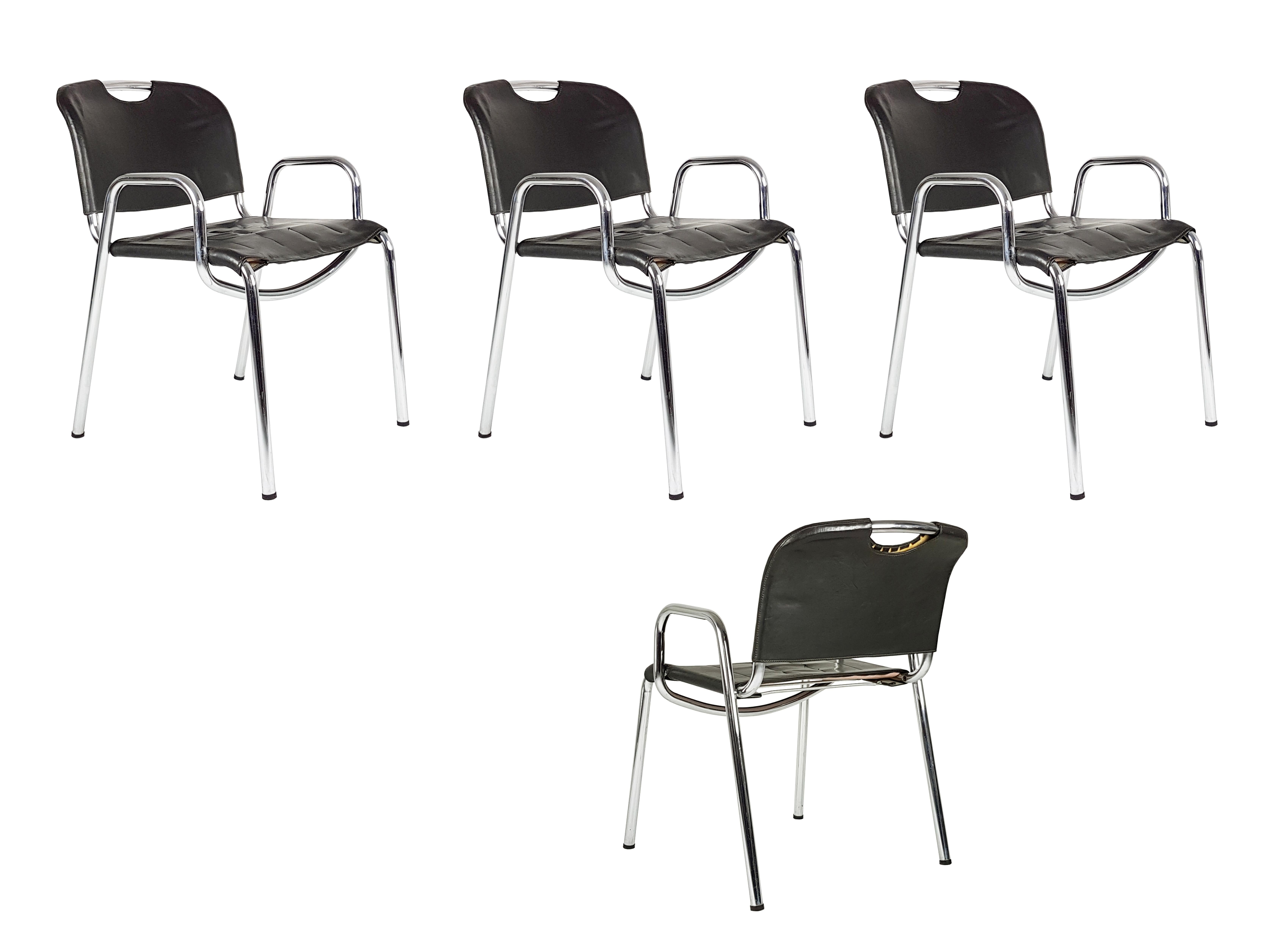 Metal, Brown Leather Castiglietta Chairs by A. Castiglioni for Zanotta, Set of 4 For Sale 5