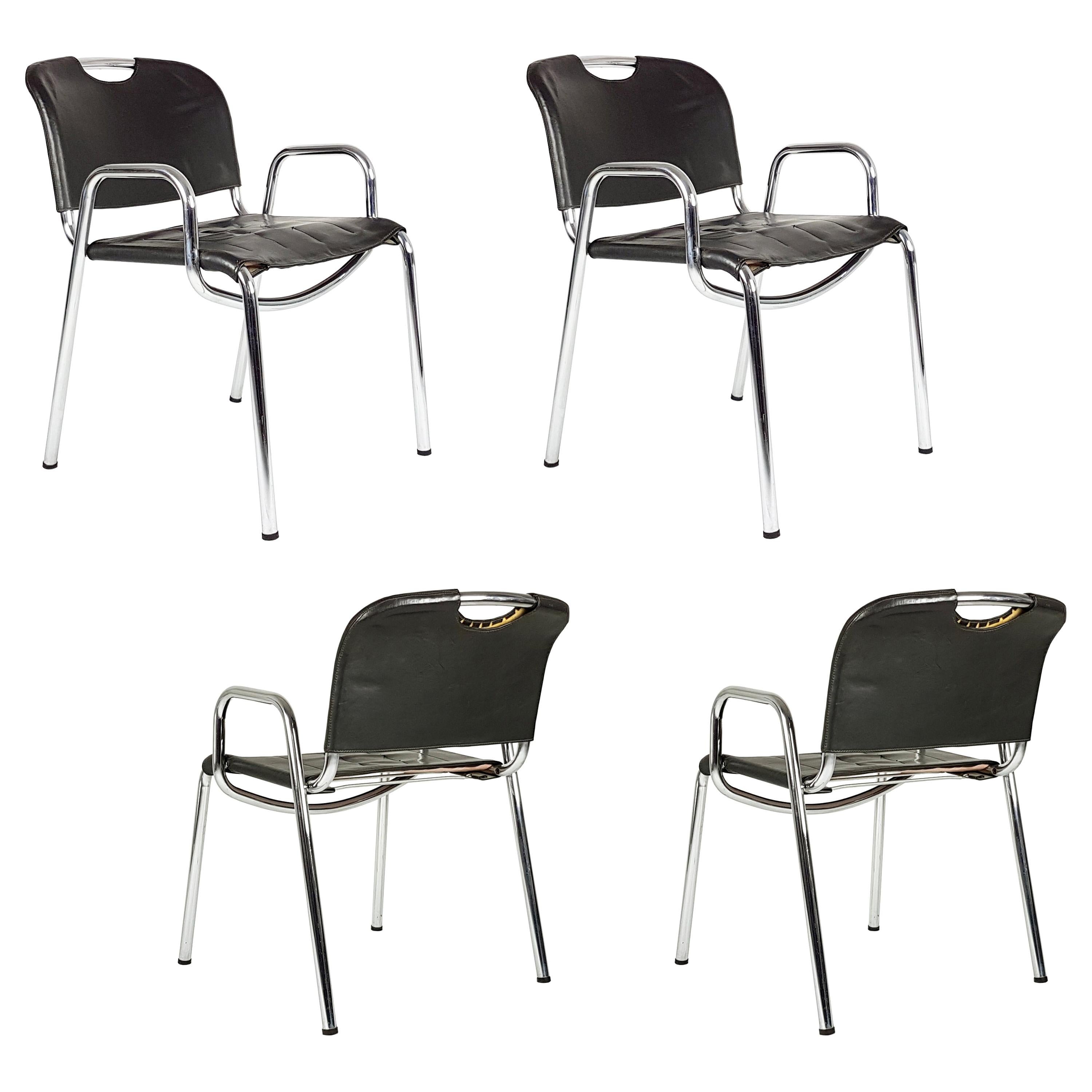 Metal, Brown Leather Castiglietta Chairs by A. Castiglioni for Zanotta, Set of 4 For Sale