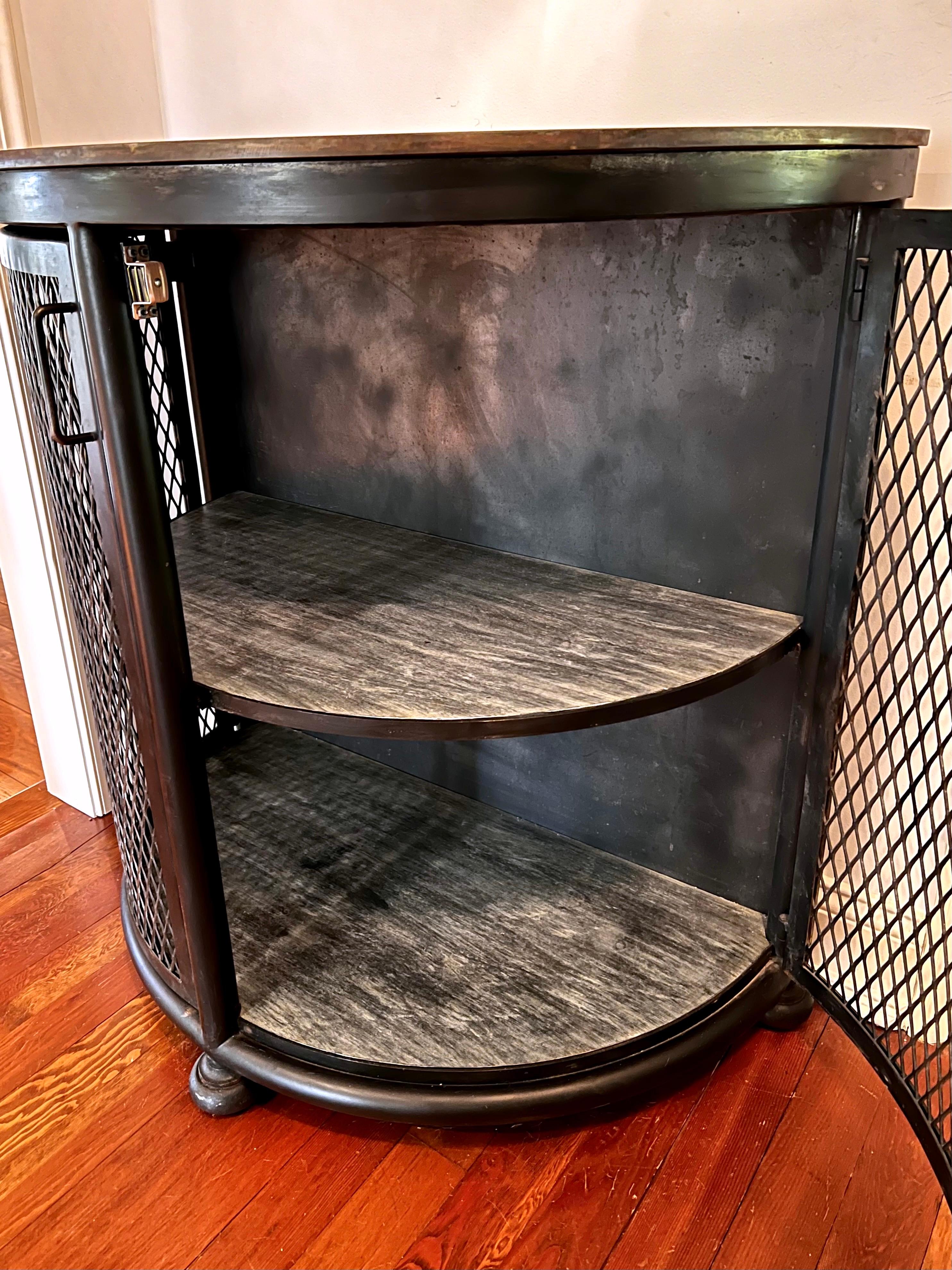 Demi Lune Steel Cabinet with Mesh Doors and Bun Feet In Good Condition For Sale In New York, NY