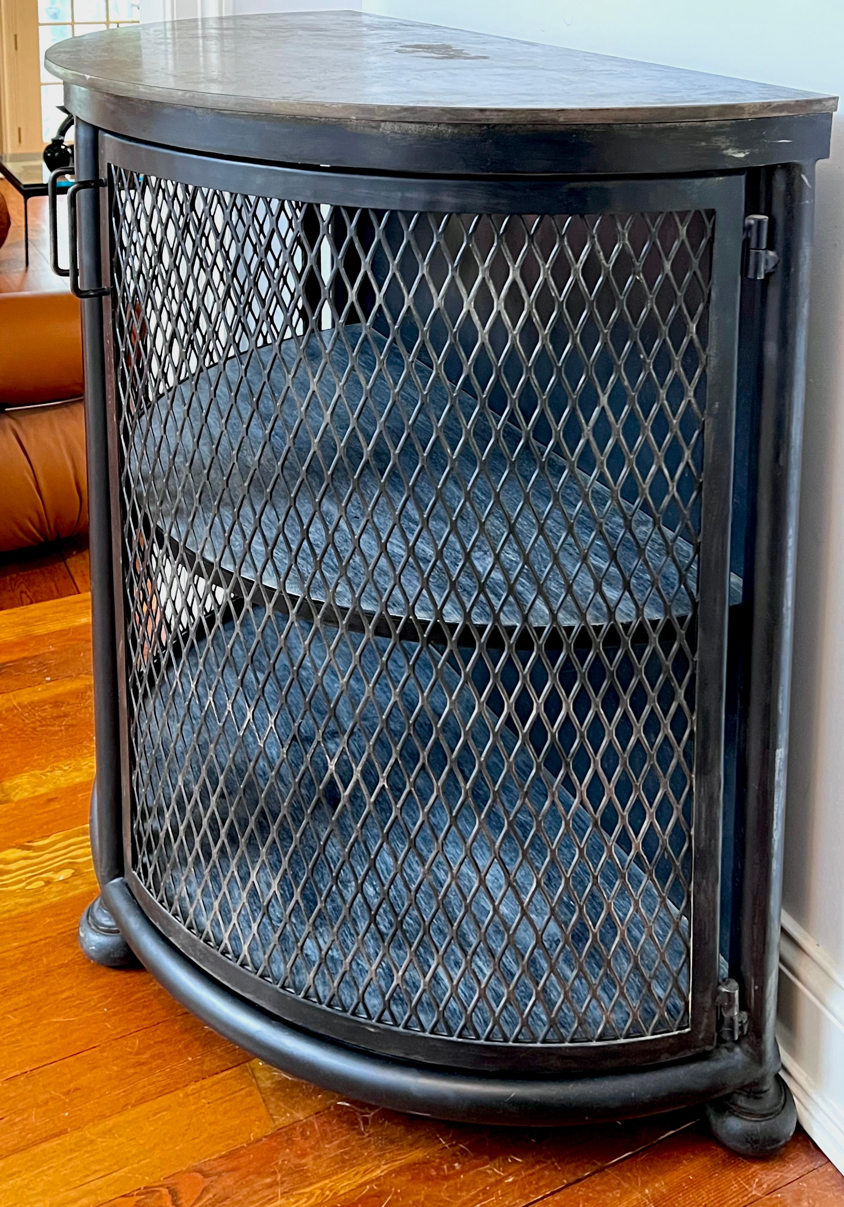 Demi Lune Steel Cabinet with Mesh Doors and Bun Feet For Sale 2