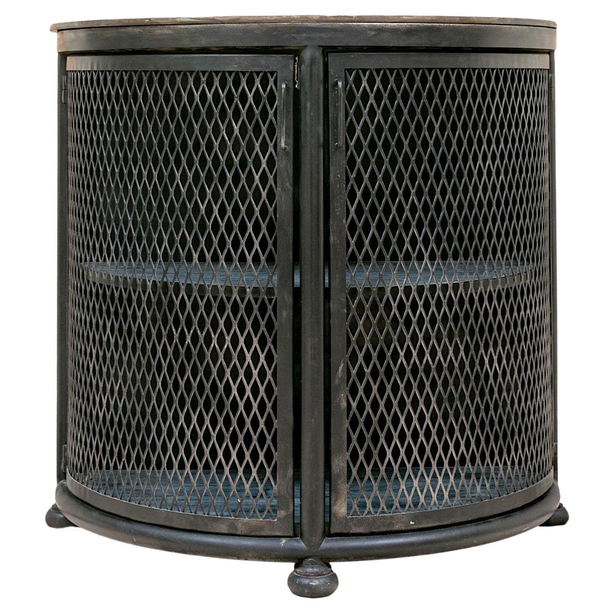 Demi Lune Steel Cabinet with Mesh Doors and Bun Feet For Sale