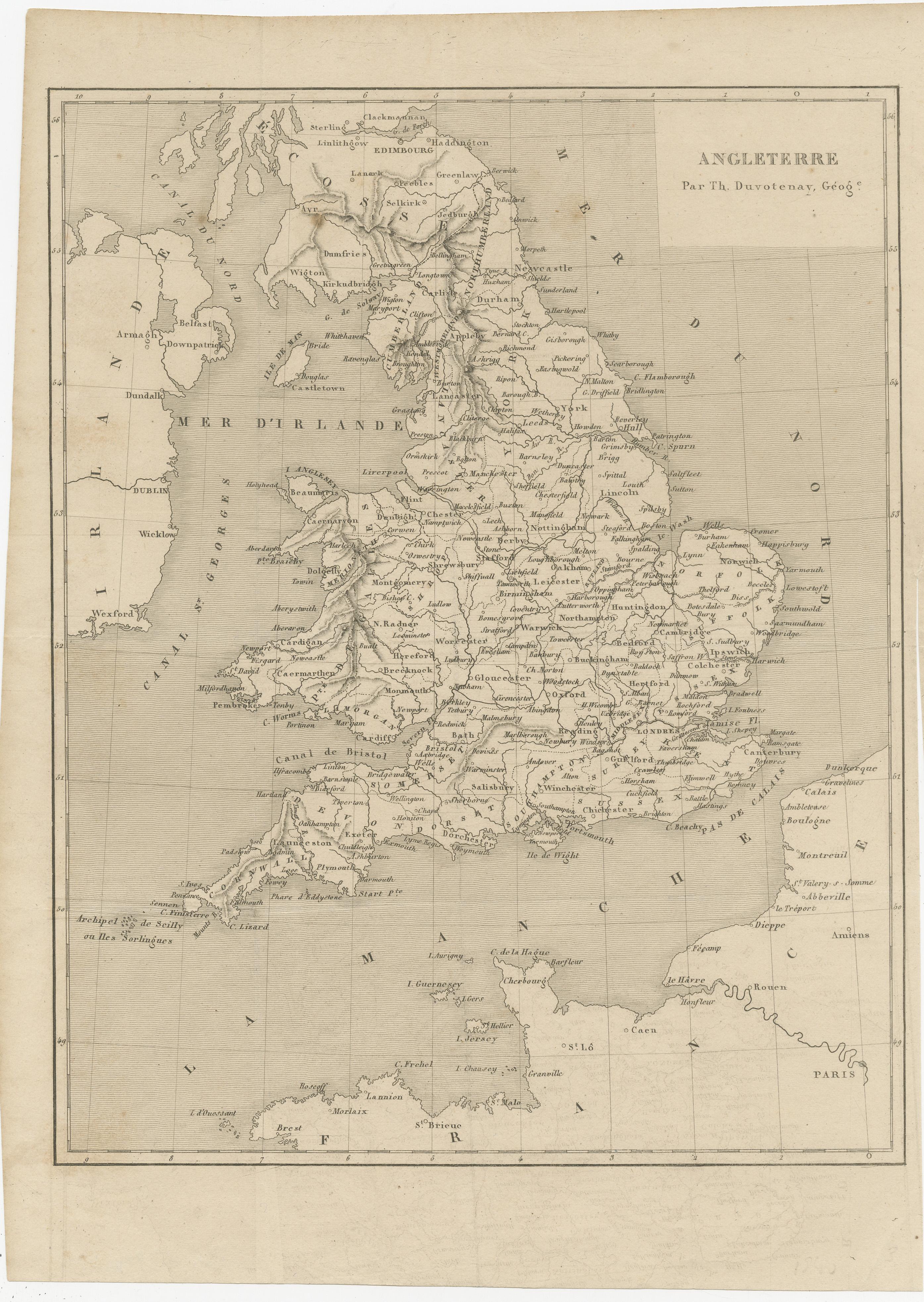 Antique map titled 'Angleterre'. Original antique map of England. Engraved by Th. Duvotenay. Originates from 'Complement de L'Encyclopedie Moderne ou Dictionnaire Abrege des Sciences (..)' published 1879.
