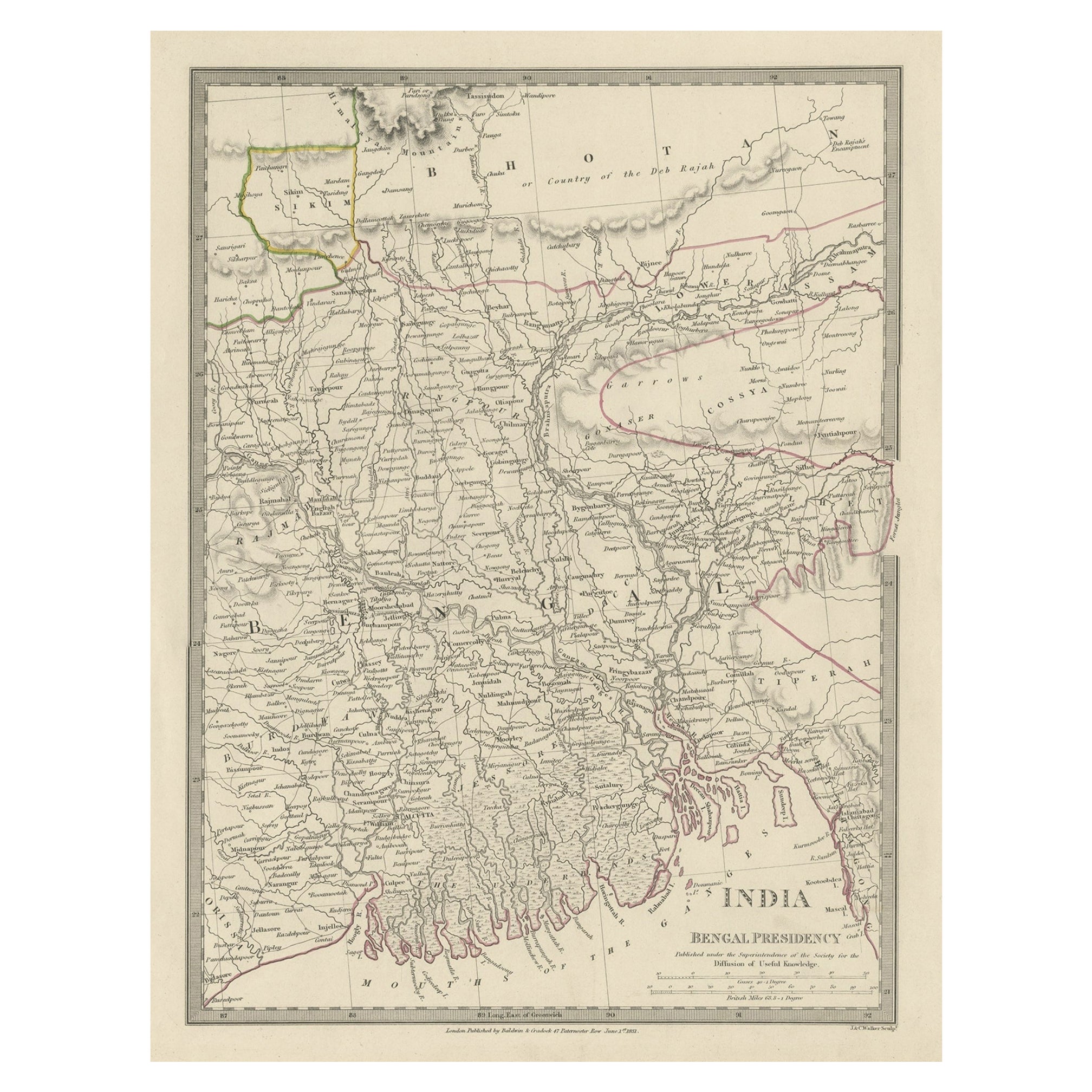 Stahlgravierte Karte eines Teils der presidentischen Konföderation „ Indien und Bangladesch“ aus Bengalen, 1831