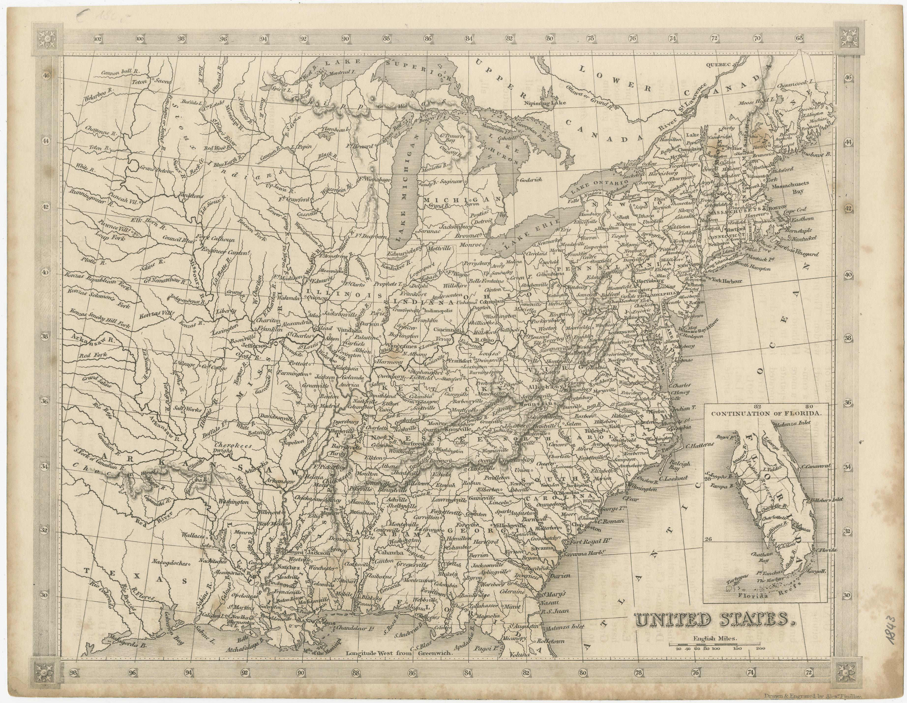Antique map titled 'United States'. Steel engraved map of the United States. With small inset map of the continuation of Florida. Source unknown, to be determined. Published circa 1843.