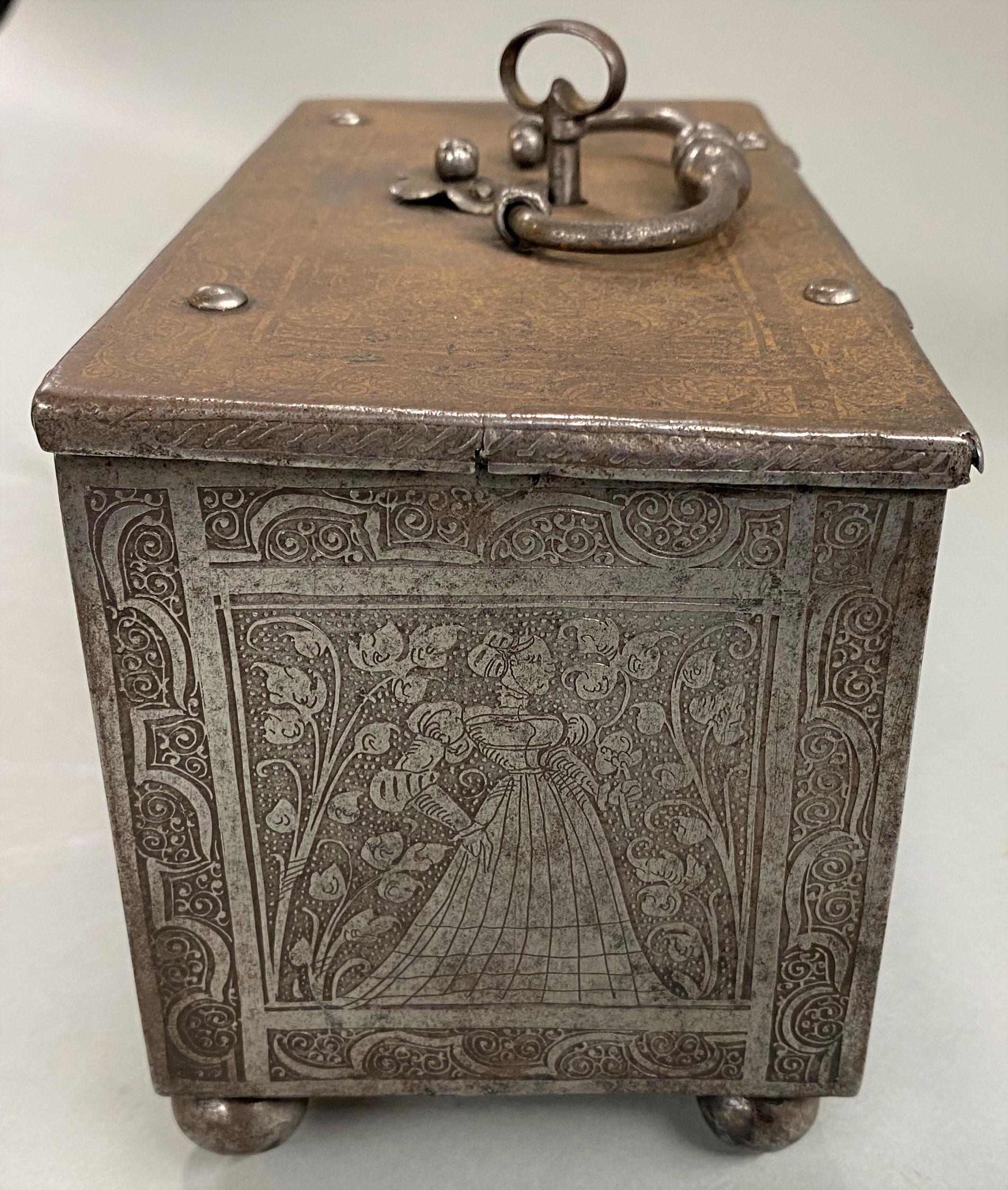 Forged Steel Engraved Nuremberg Money Chest or Cash Box circa 1600 For Sale