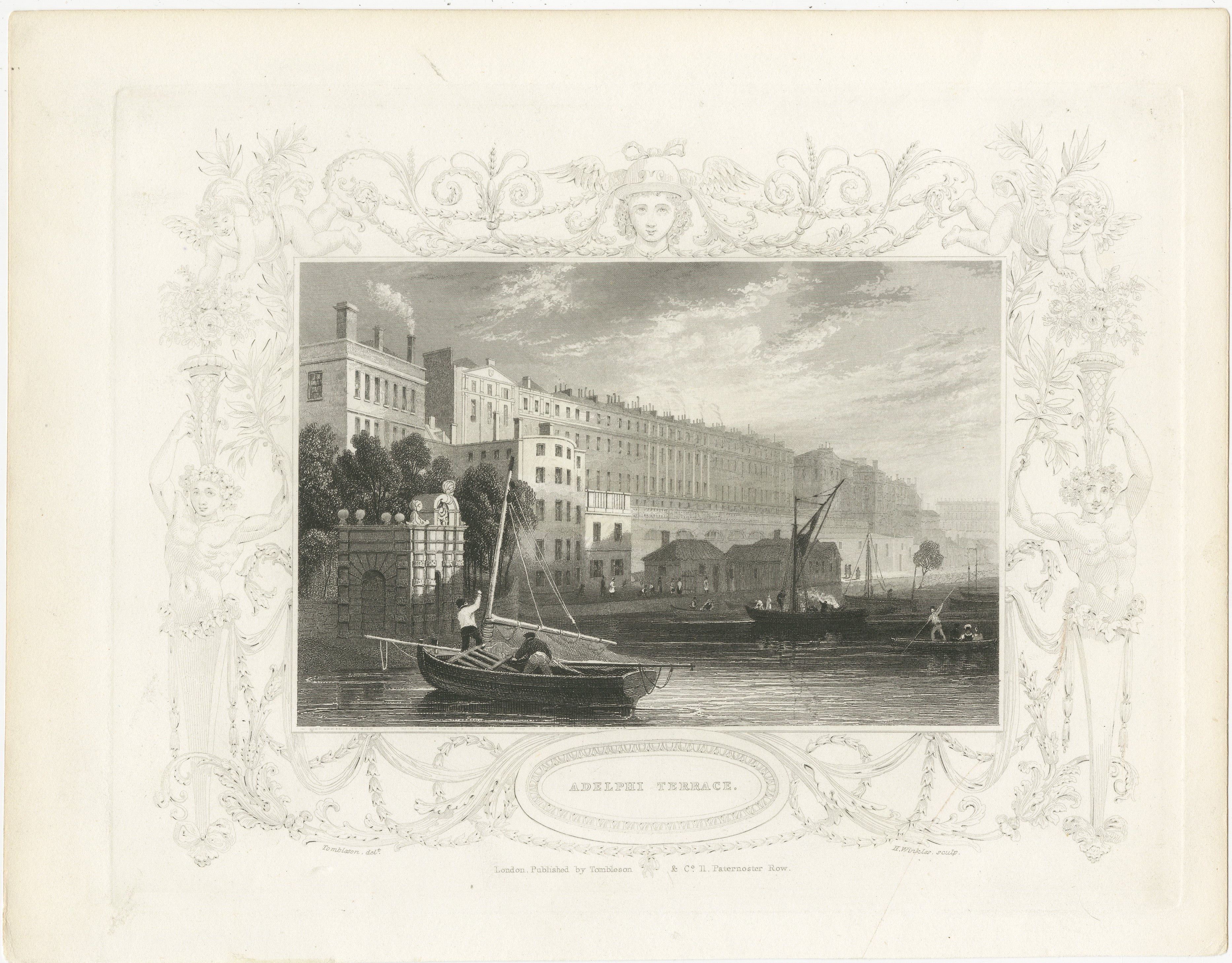 The engraving is an original uncolored print of Adelphi Terrace in London. This type of print would have been created by incising lines into a steel plate, which was then used to transfer ink onto paper. The absence of color means that the viewer's