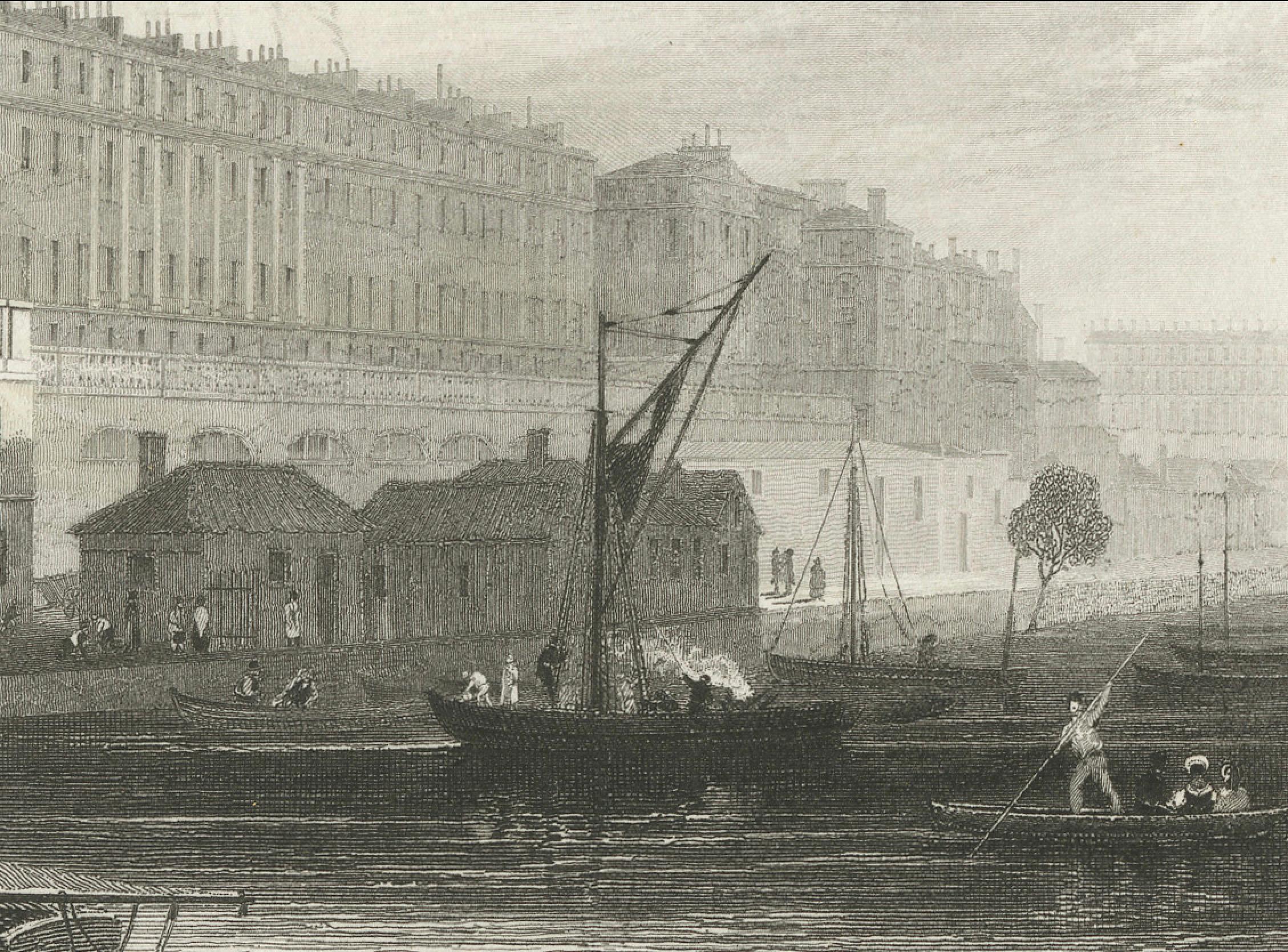 Mid-19th Century Steel Engraving of Adelphi Terrace on the Thames, London, 1835 For Sale