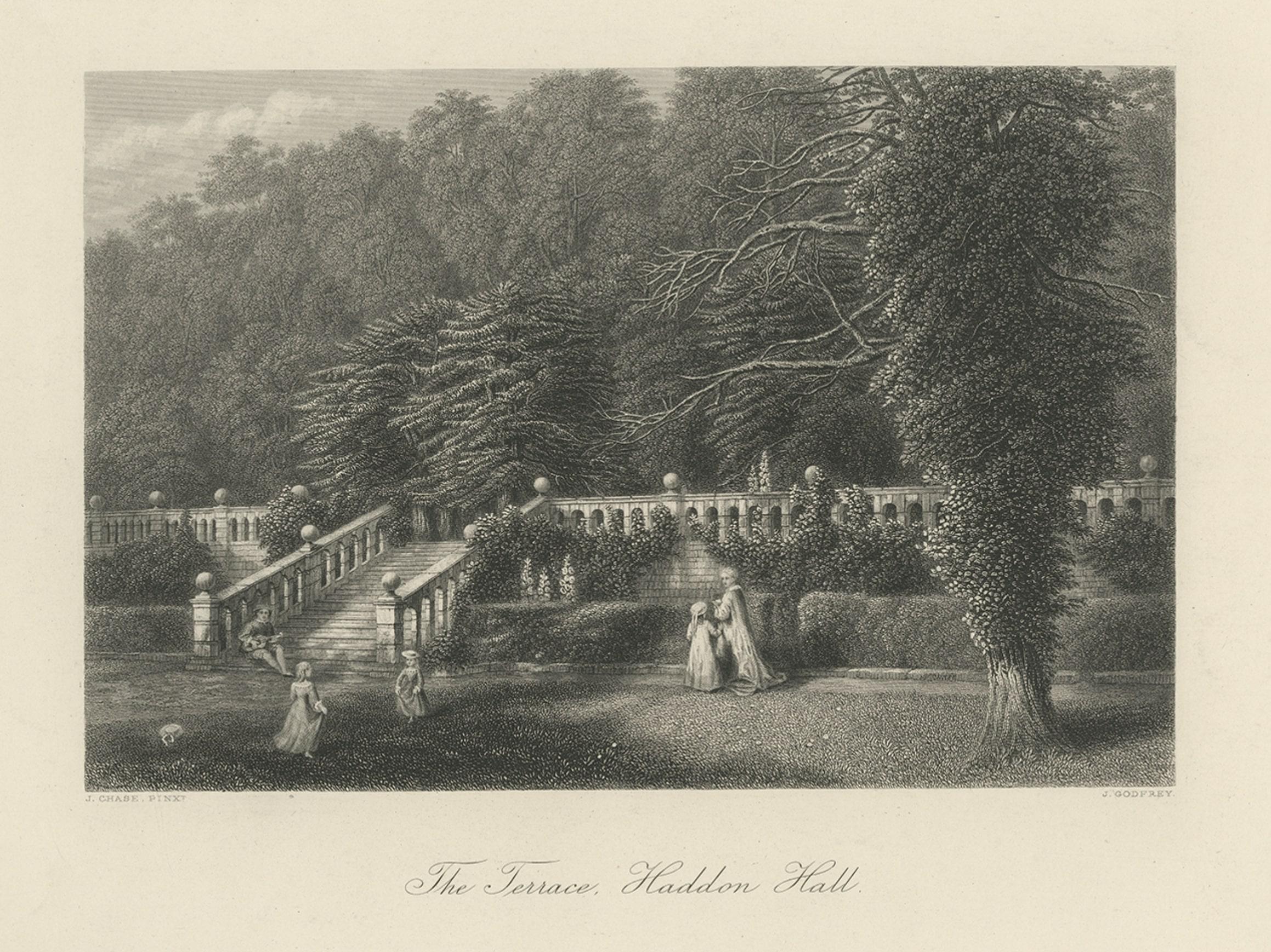 Antique print titled 'The Terrace, Haddon Hall'. 

Steel engraving of the terrace of Haddon Hall. Haddon Hall is an English country house on the River Wye near Bakewell, Derbyshire, a former seat of the Dukes of Rutland. This print originates from