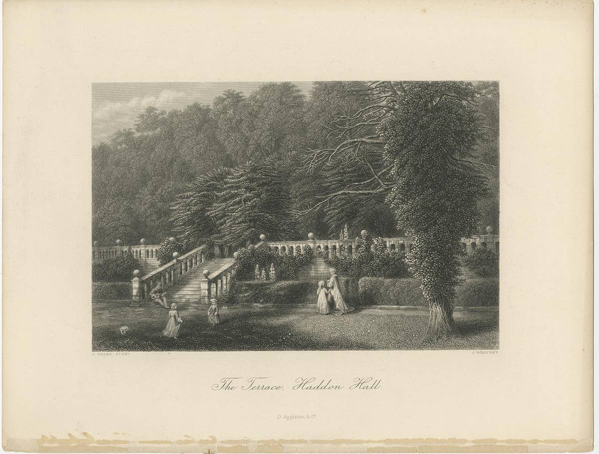 Steel Engraving of Haddon Hall, River Wye, Bakewell, Derbyshire, England, 1875