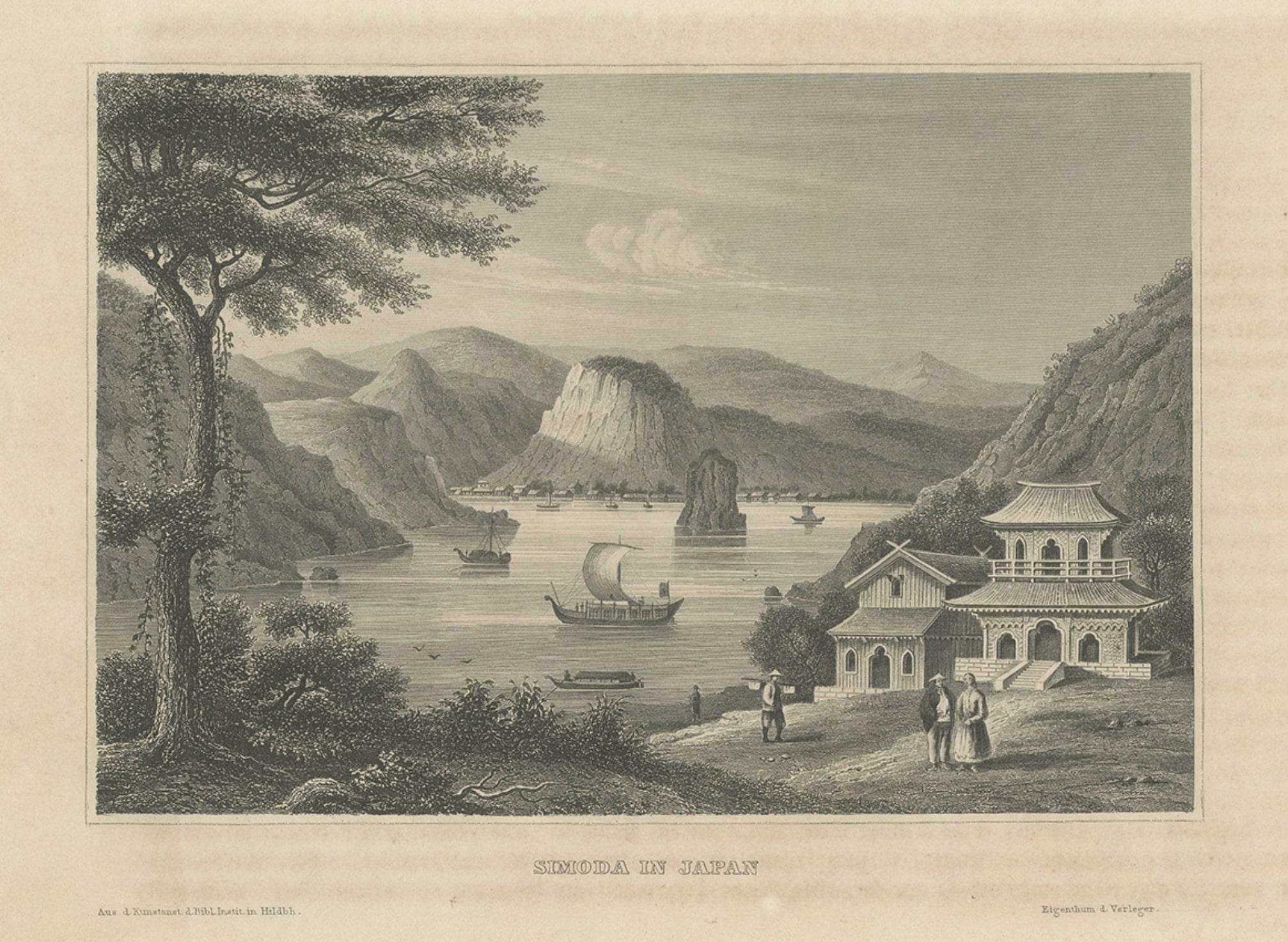 Steel Engraving of Shimoda, a Port Located in Shizuoka Prefecture, Japan, C.1840 In Good Condition For Sale In Langweer, NL