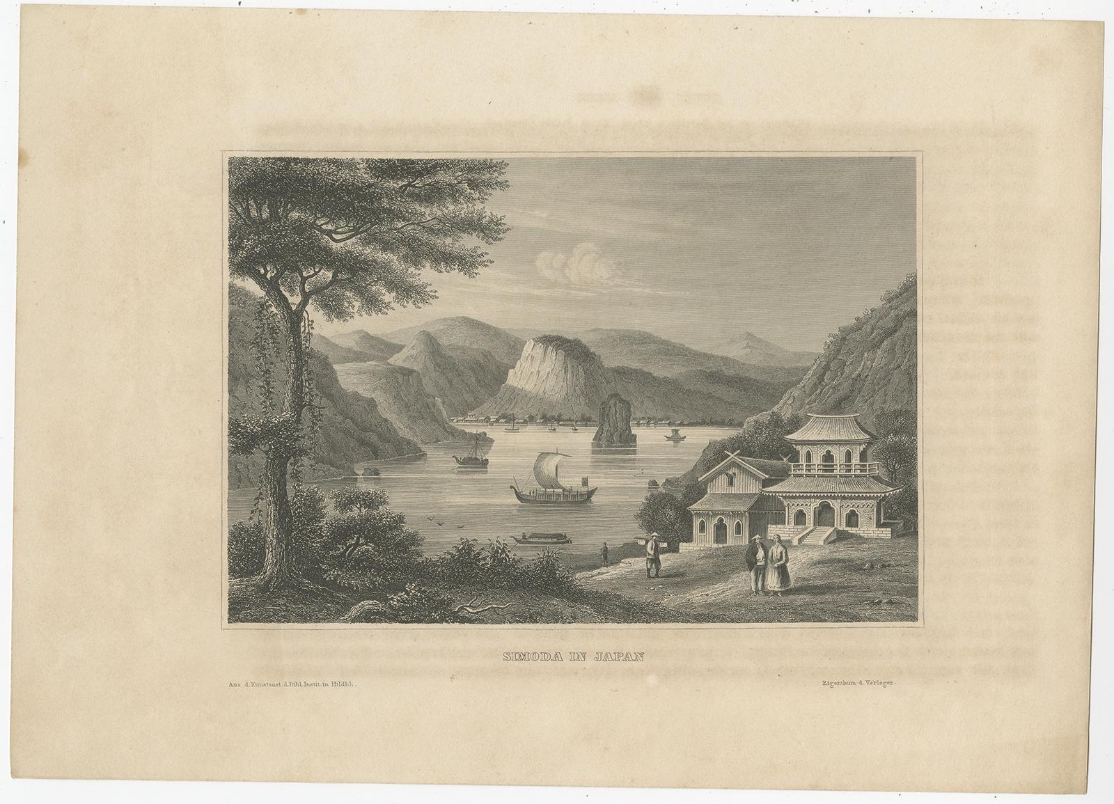 Mid-19th Century Steel Engraving of Shimoda, a Port Located in Shizuoka Prefecture, Japan, C.1840 For Sale