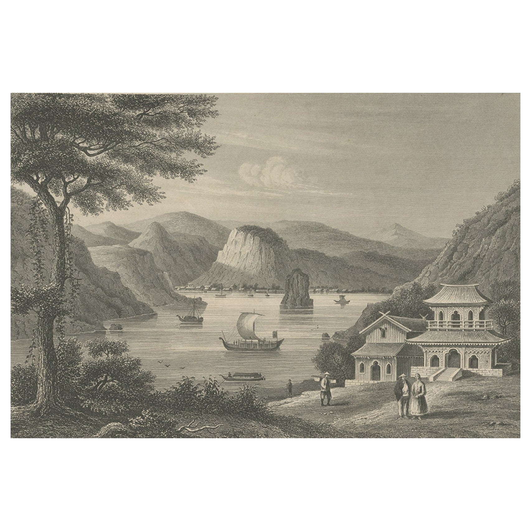 Incisione in acciaio di Shimoda, un porto situato nella prefettura di Shizuoka, Giappone, 1840 ca. in vendita