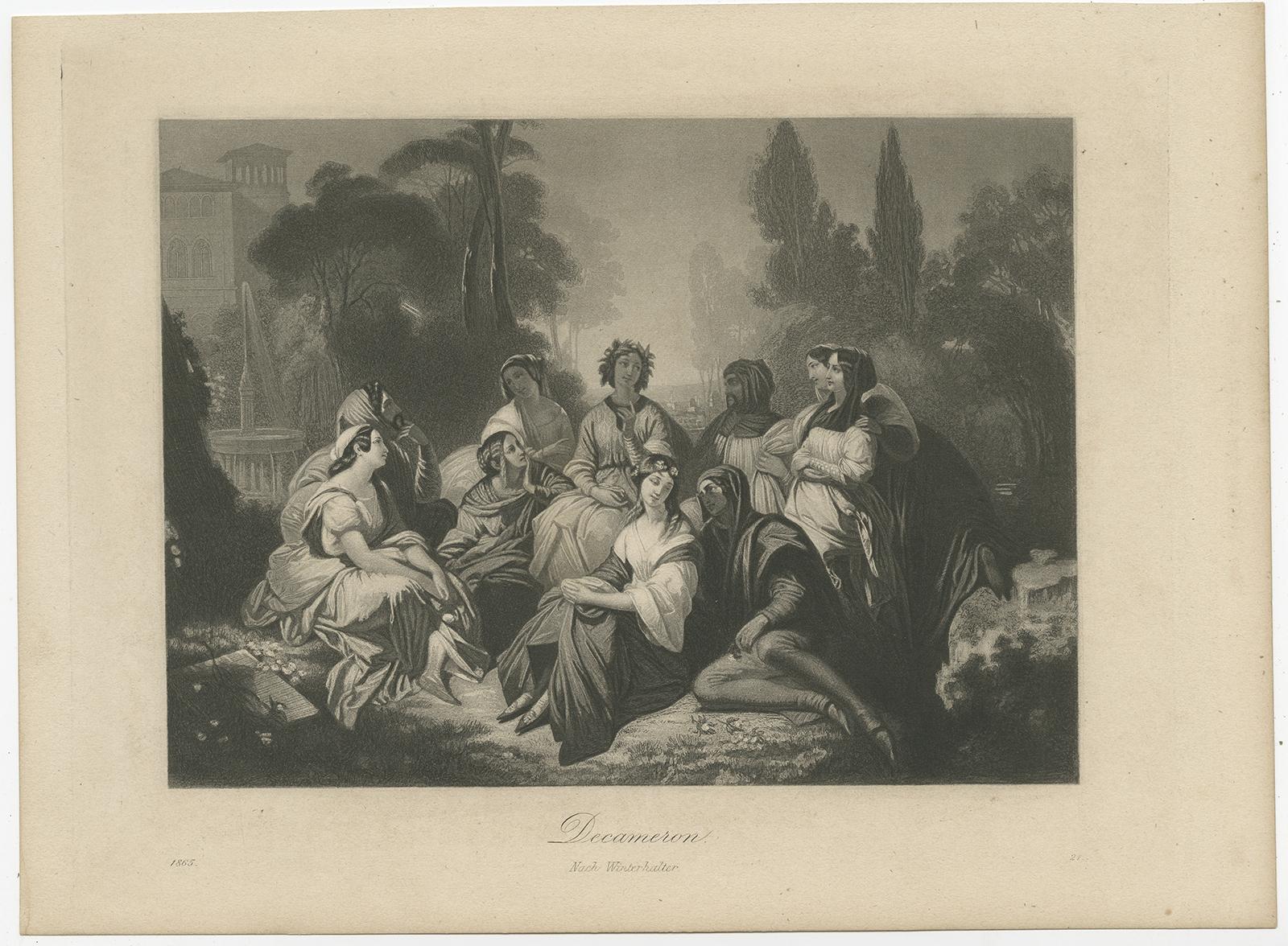 Antique print titled 'Decameron'. Steel engraving made after the original painting by Franz Xaver Winterhalter. Source unknown, to be determined. 

Artists and Engravers: Anonymous. 
The Decameron or Decamerone is a collection of novellas by the