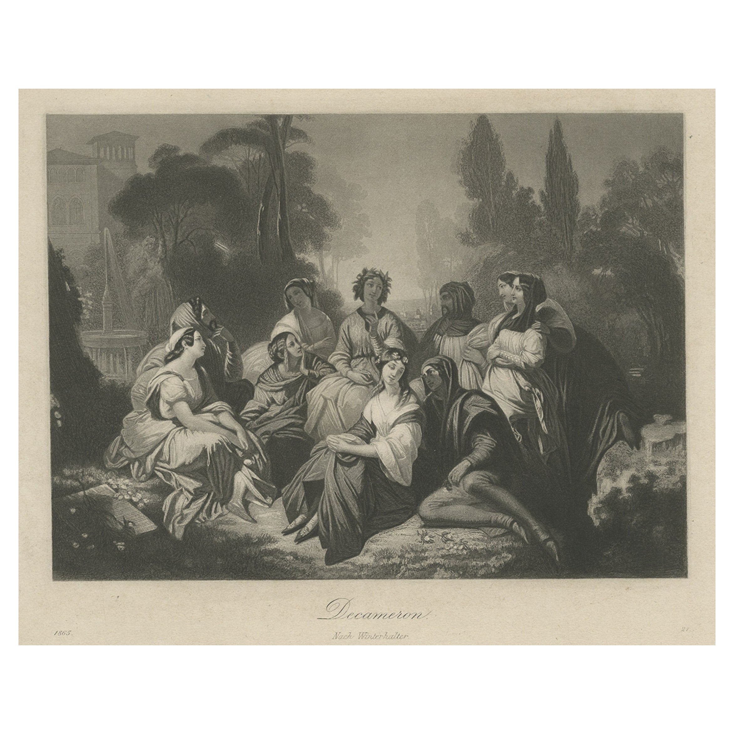 Stahlstich mit dem Titel Decameron nach einem Gemälde von Franz X. Winterhalter, 1865 im Angebot