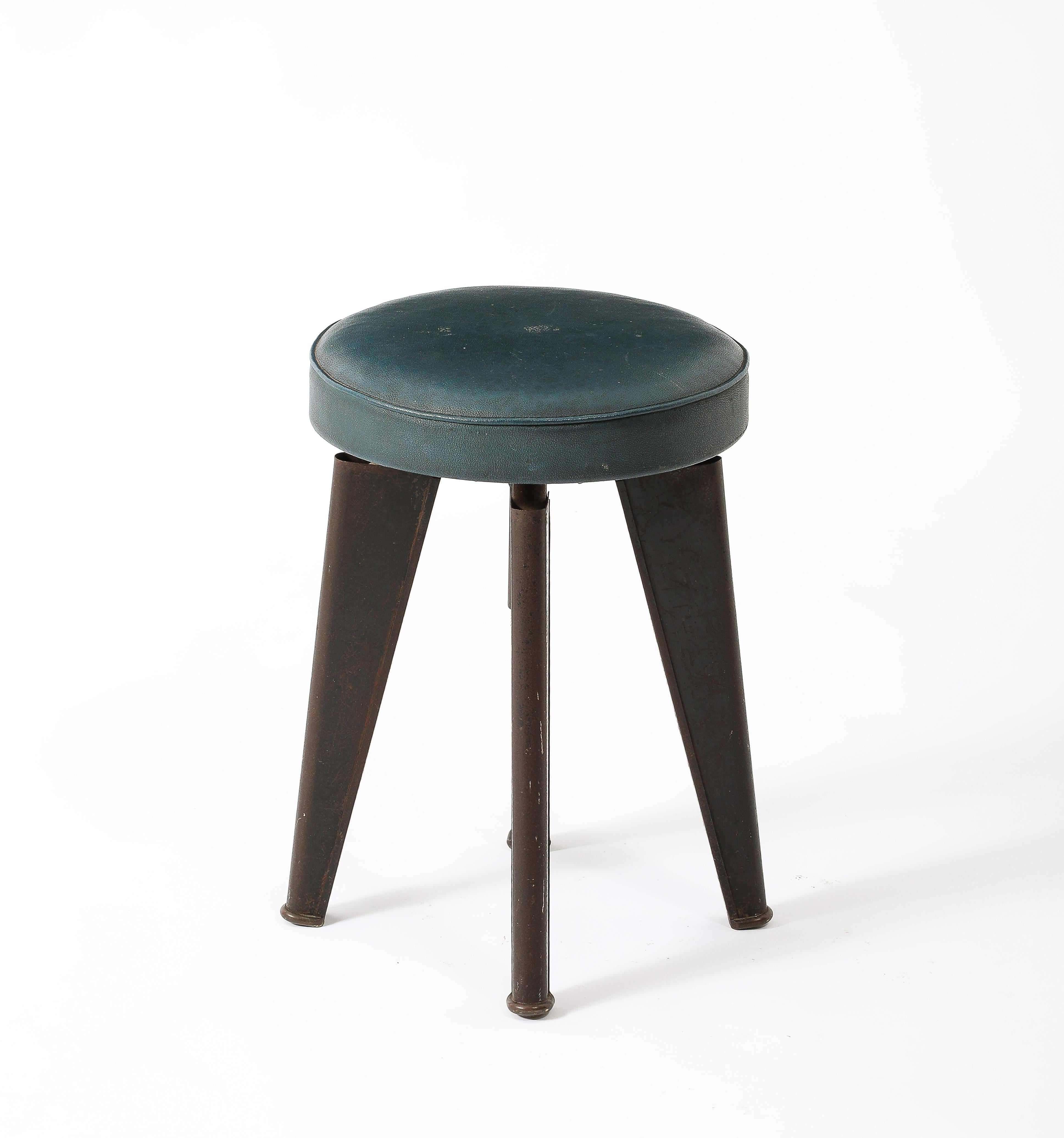Steel & Faux Leather Adjustable Height Stool by Dominique - France 1950's In Good Condition For Sale In New York, NY