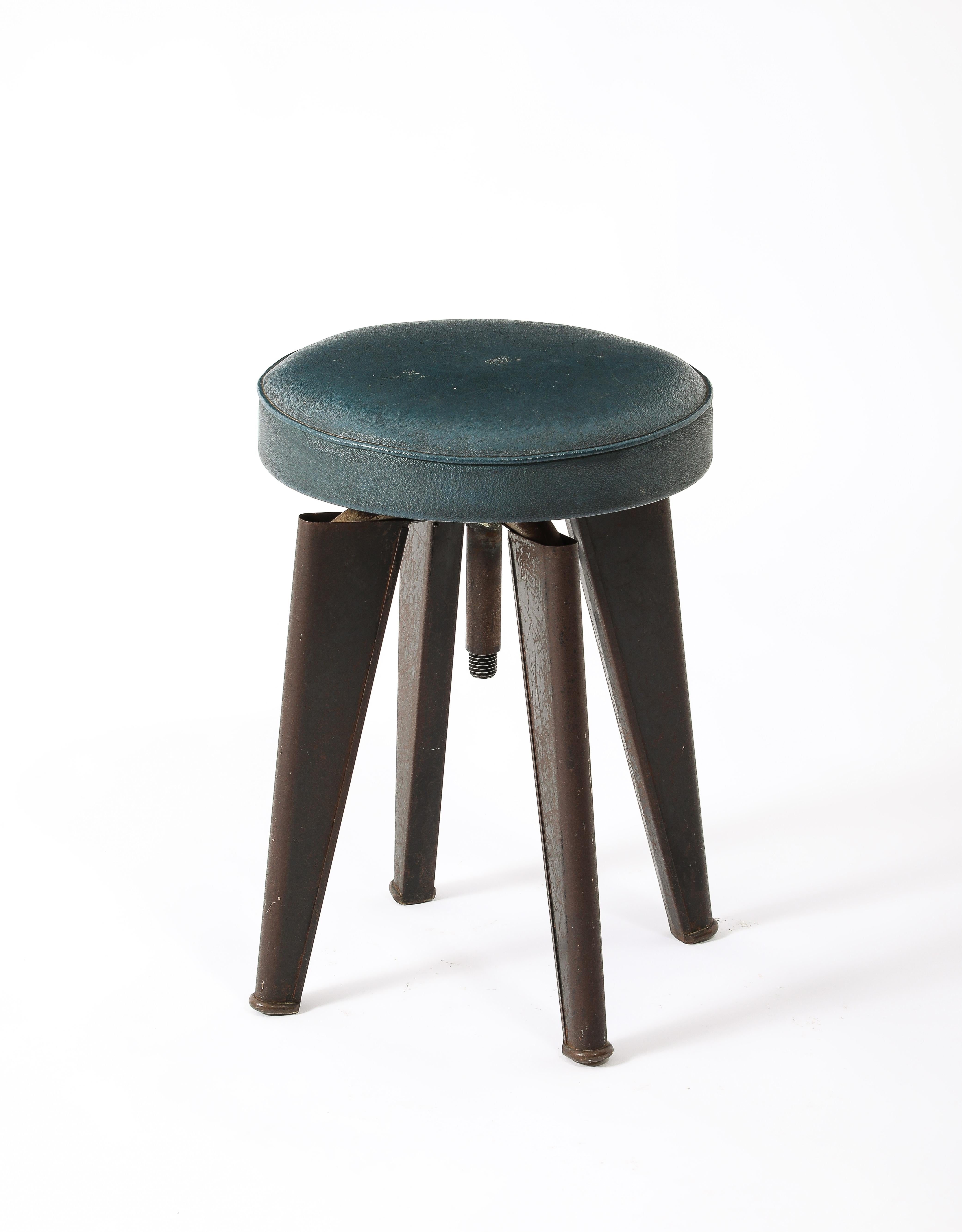 Steel & Faux Leather Adjustable Height Stool by Dominique - France 1950's For Sale 1