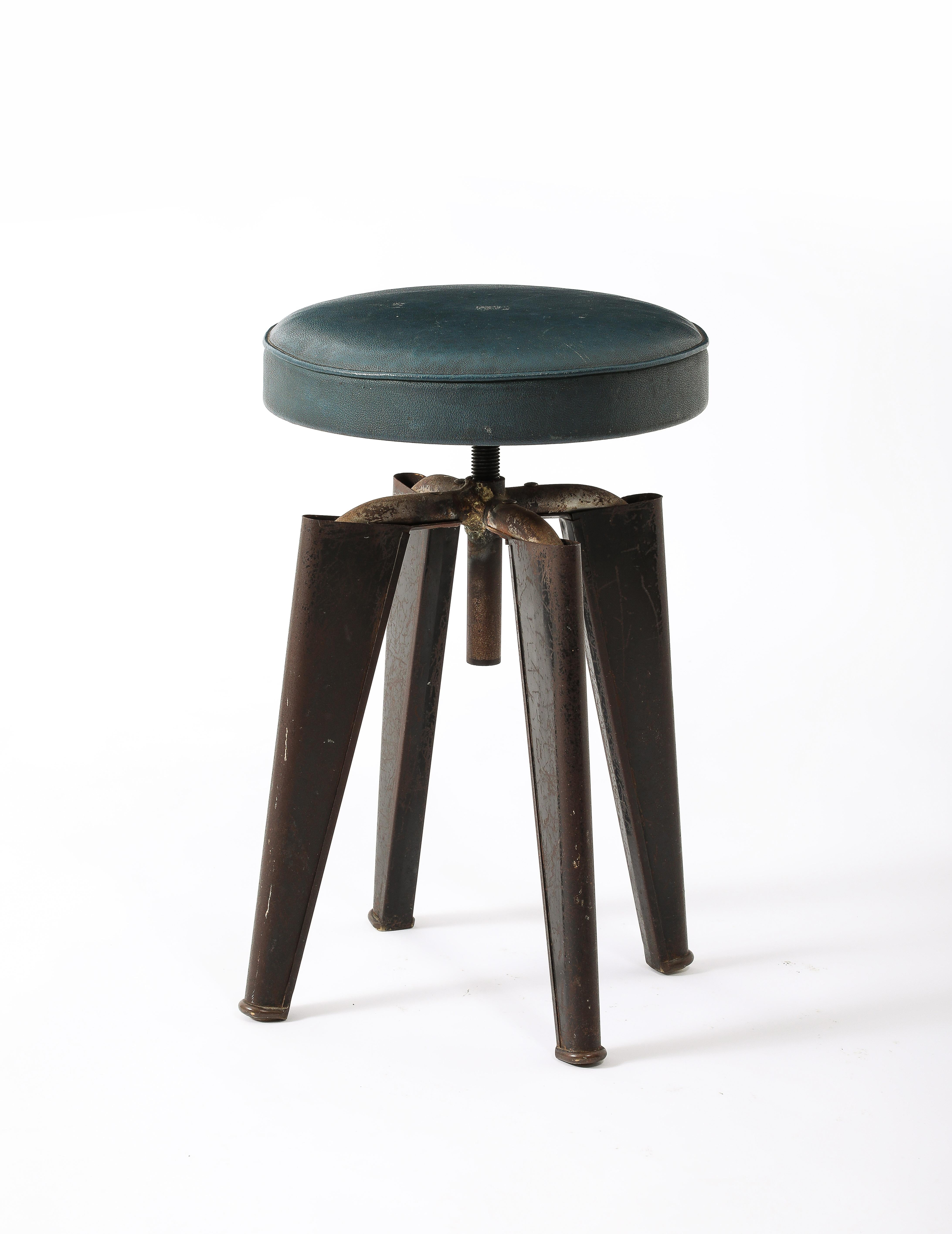Steel & Faux Leather Adjustable Height Stool by Dominique - France 1950's For Sale 2