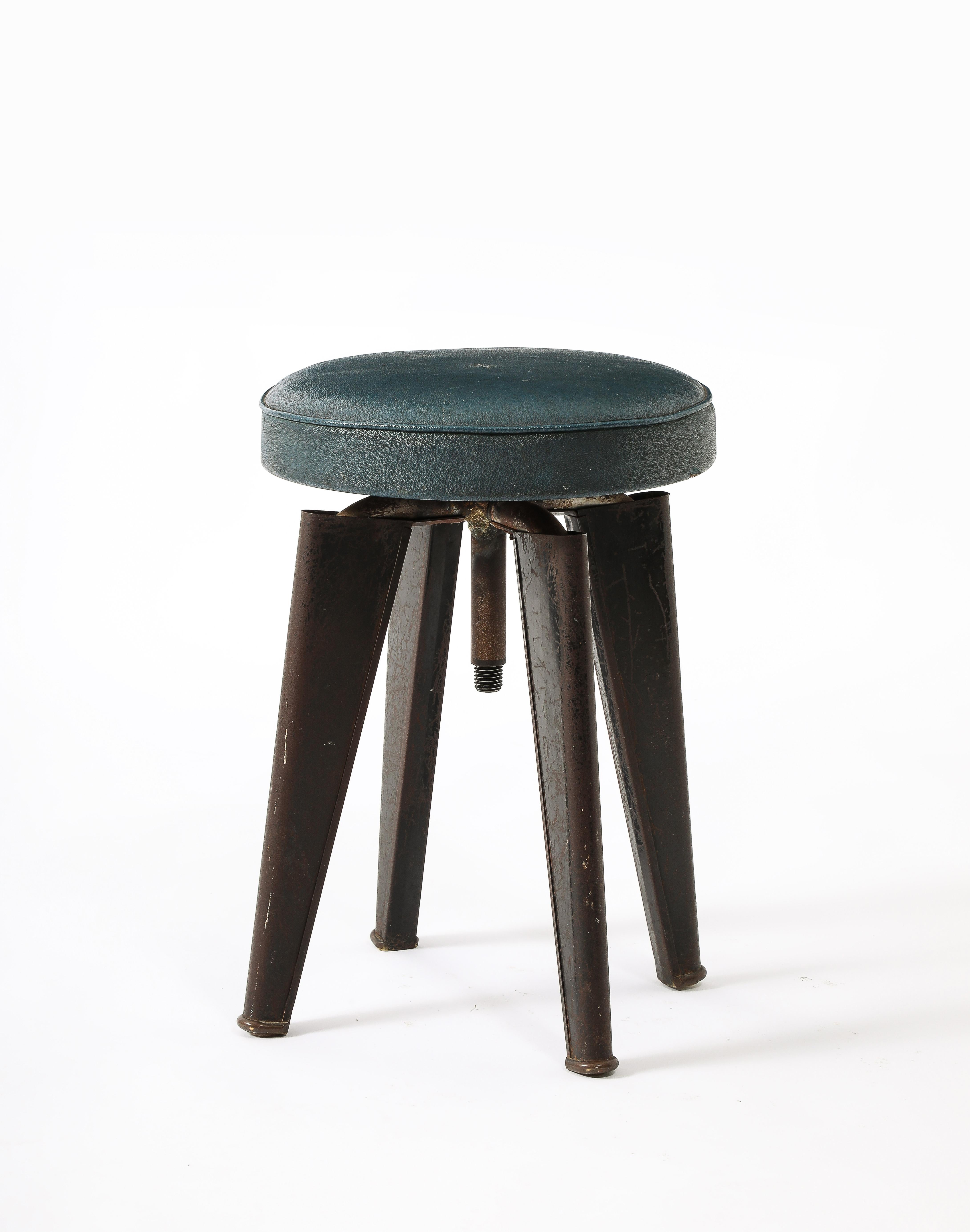 Steel & Faux Leather Adjustable Height Stool by Dominique - France 1950's For Sale 3