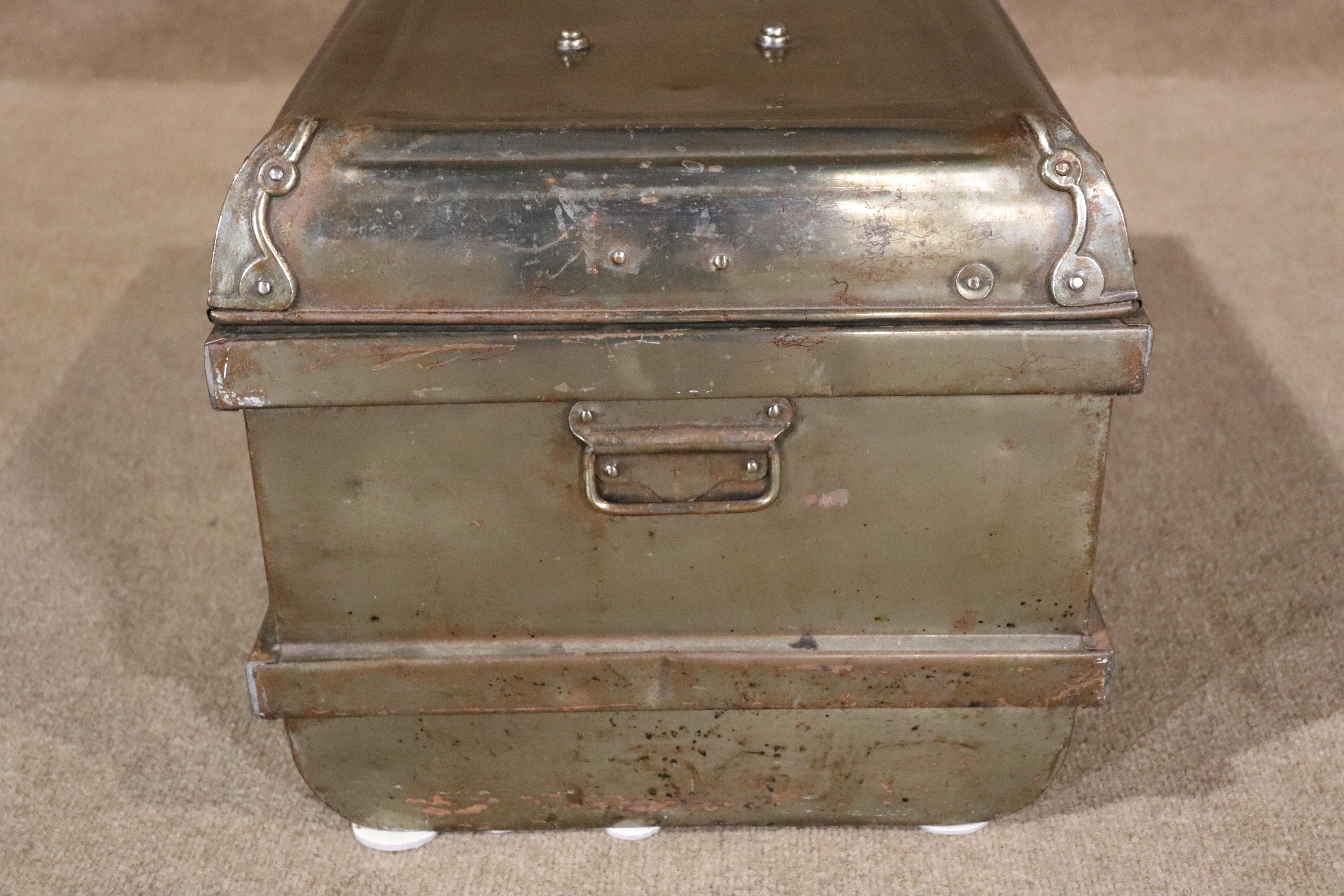 Metal Steel Flip Top Trunk with Brass Lock by Bates For Sale