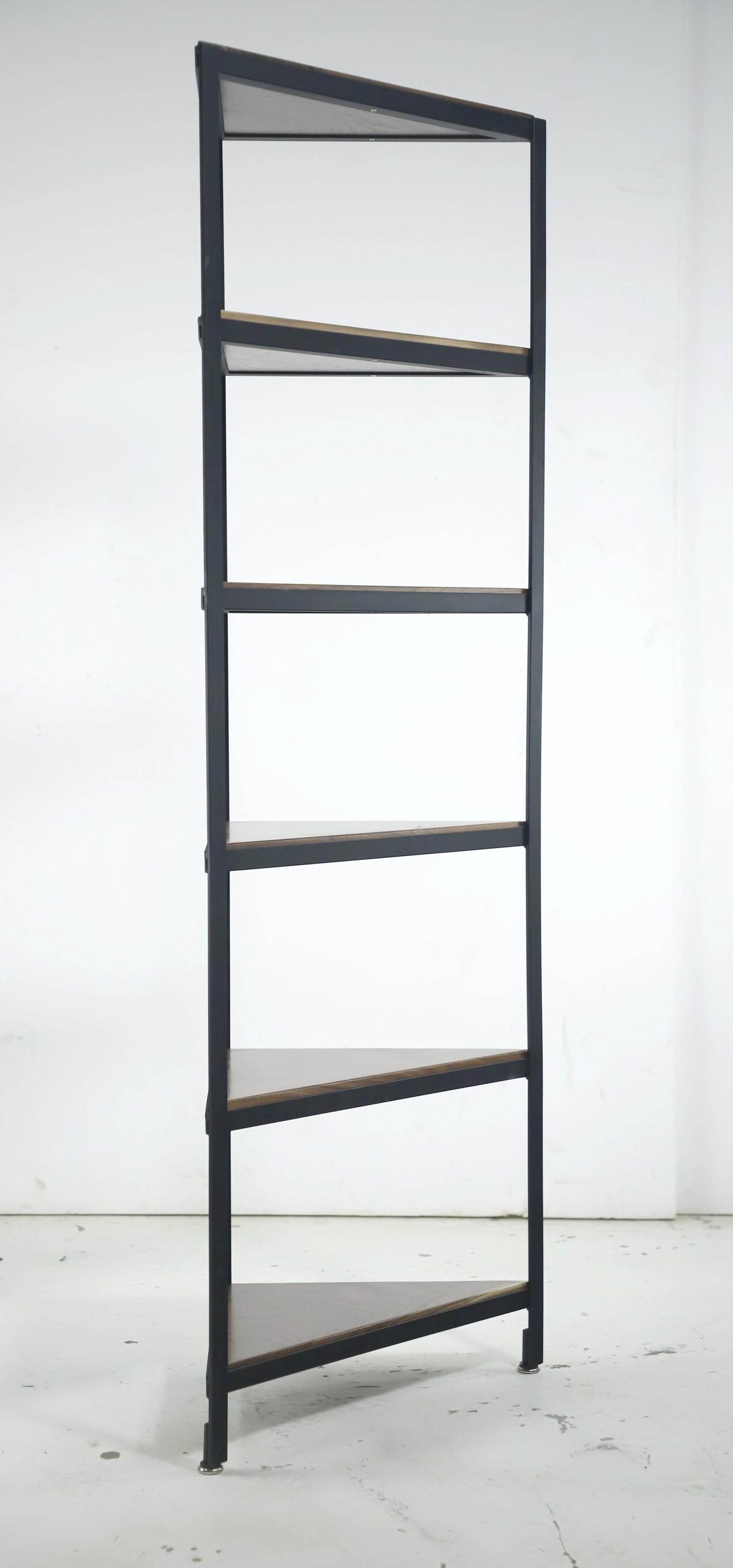 Steel Framed Corner 6 Shelf Unit w Solid Walnut Shelves For Sale 6