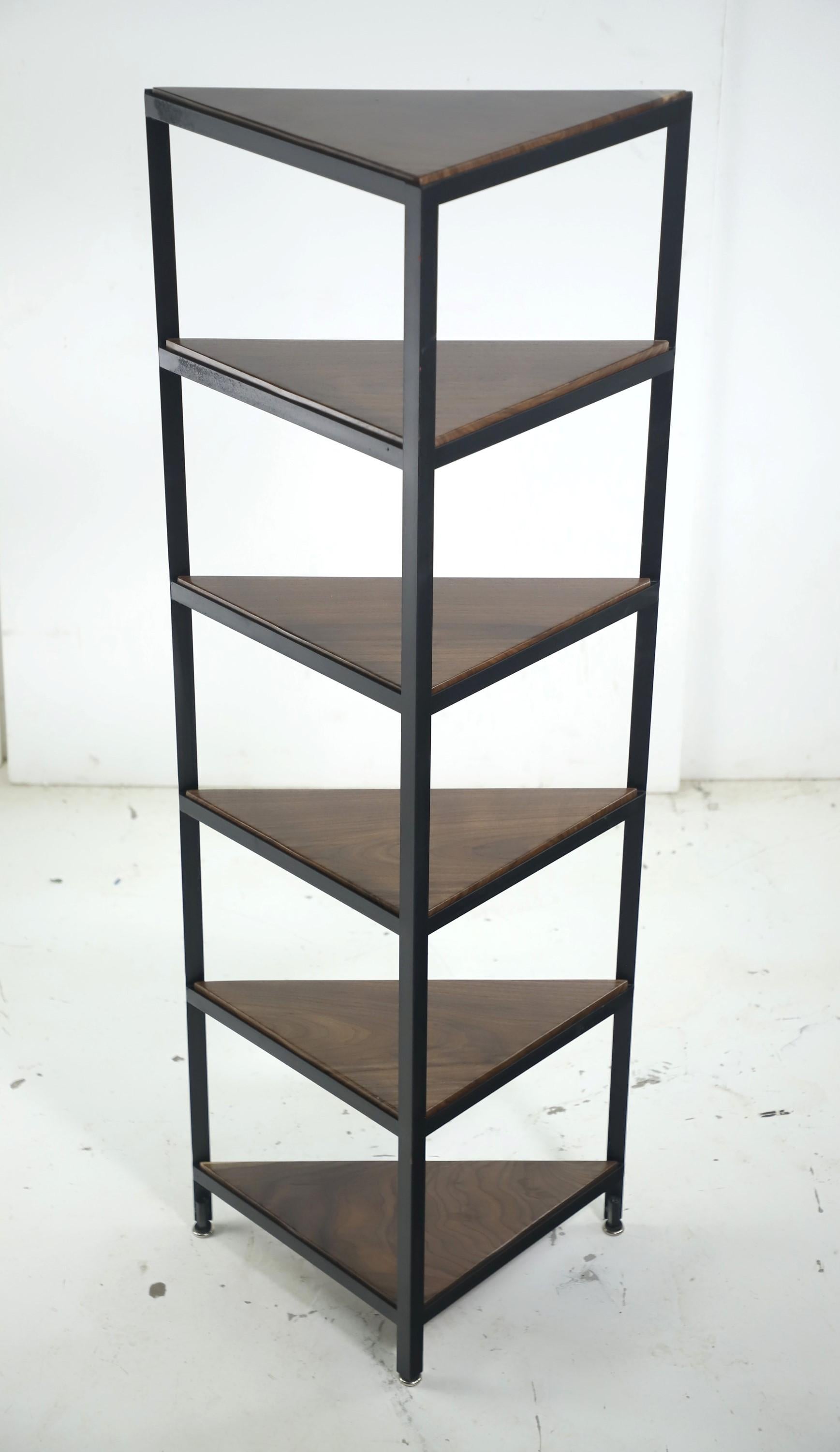 Steel Framed Corner 6 Shelf Unit w Solid Walnut Shelves For Sale 8