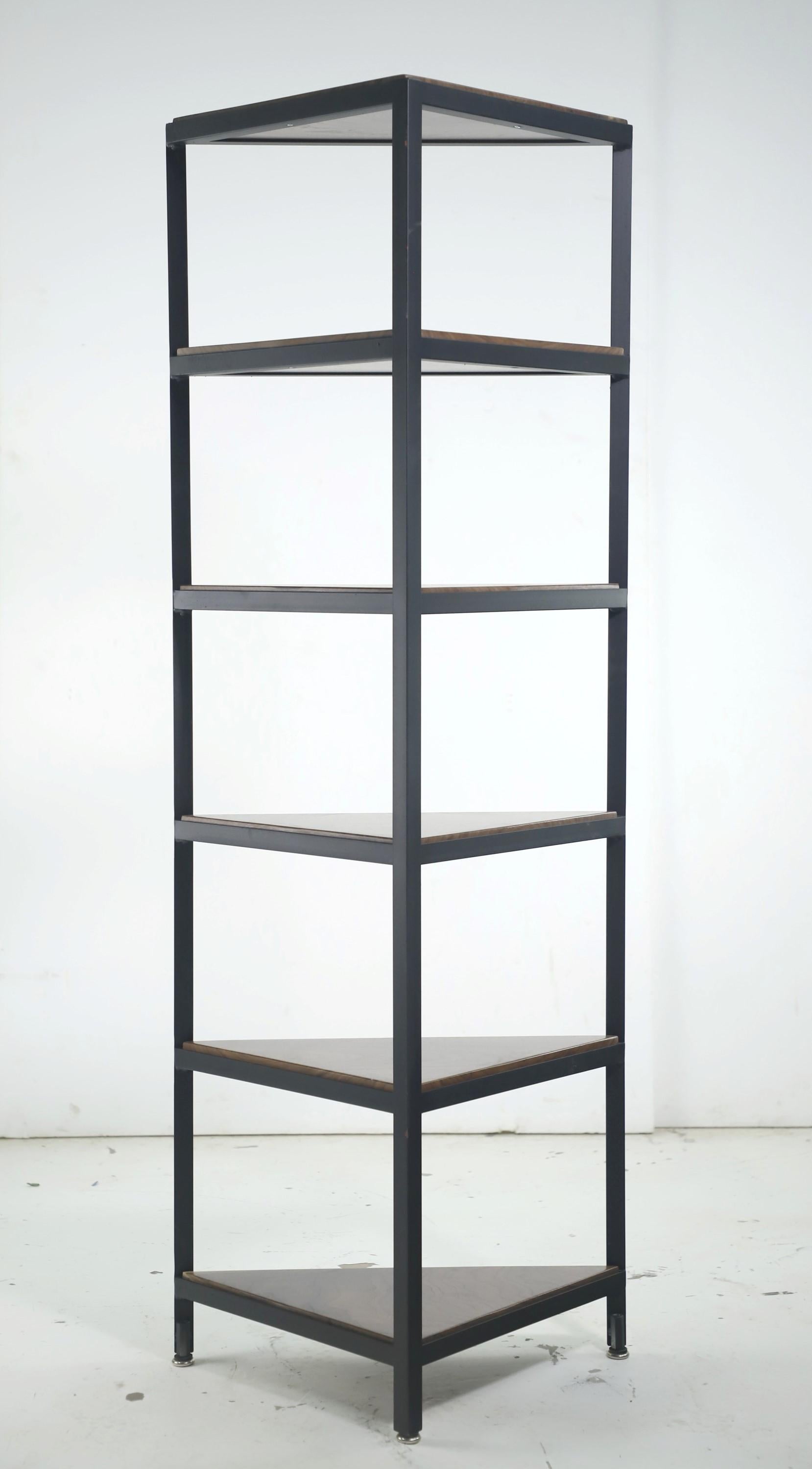 Steel Framed Corner 6 Shelf Unit w Solid Walnut Shelves For Sale 9