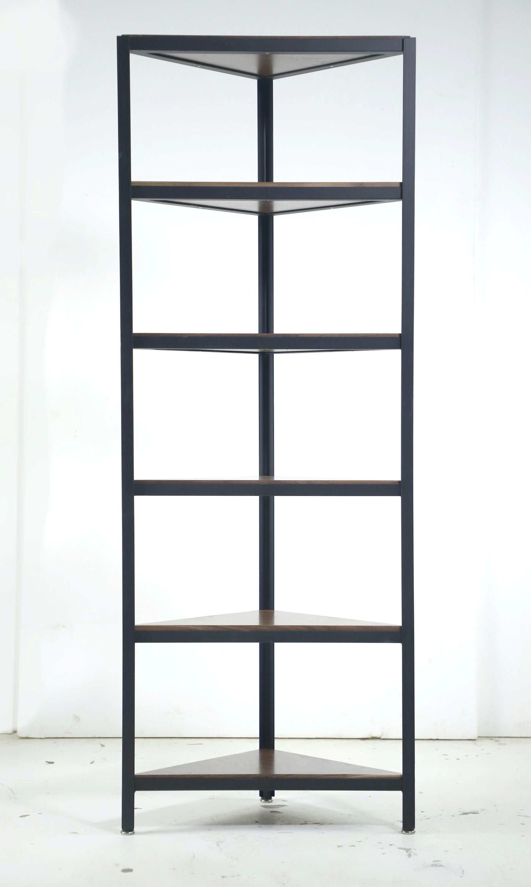 Newly made black finished steel frame corner unit. Furnished with solid walnut shelves. Please note, this item is located in one of our NYC locations.